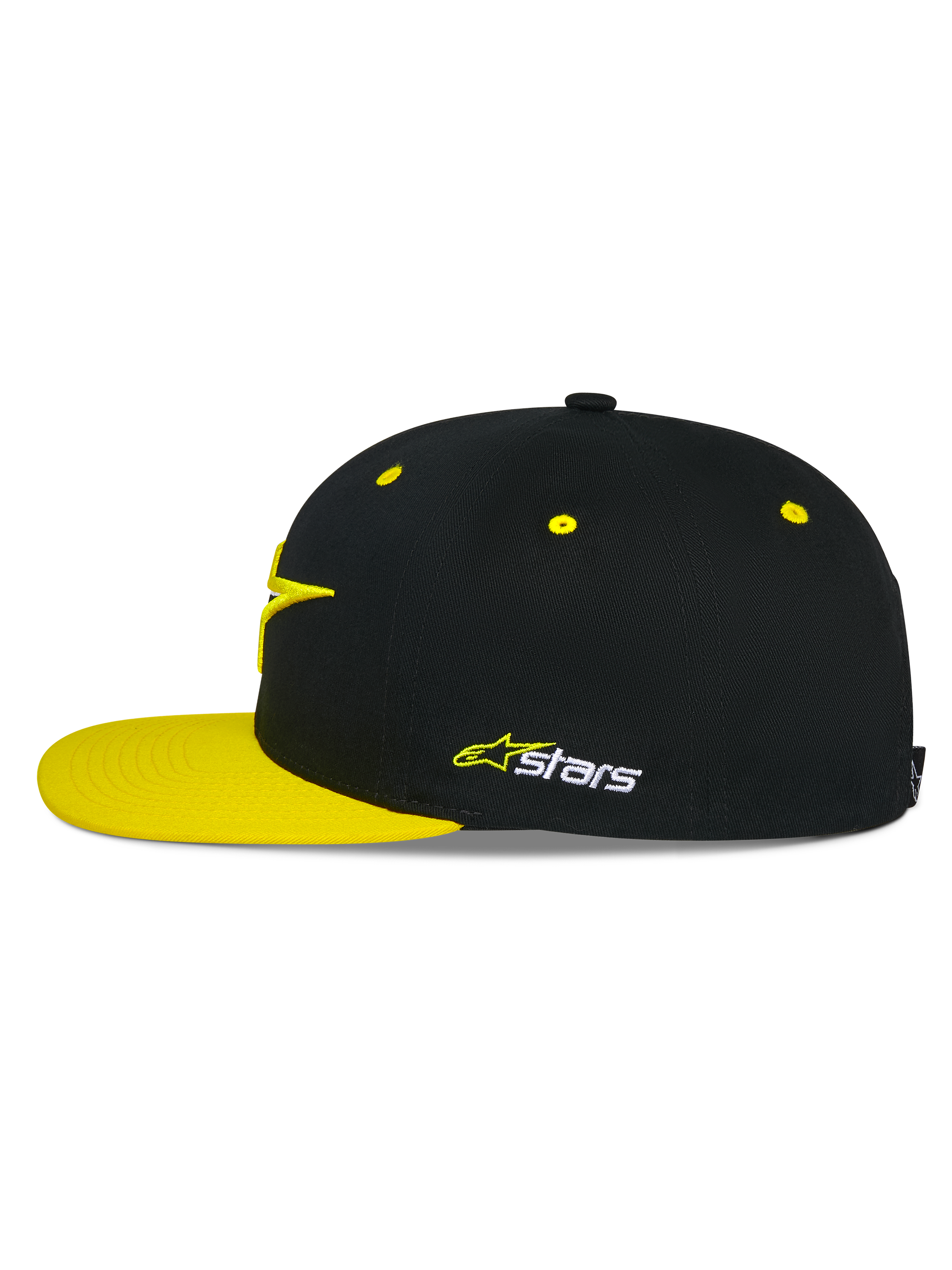 Alpinestars Thickness Snapback kasket, sort og Hi-Vis gul, sideprofil, struktureret krone med gule lufthuller og flad gul skygge, broderet Astars-logo på siden, afslappet motorsport-hovedbeklædning