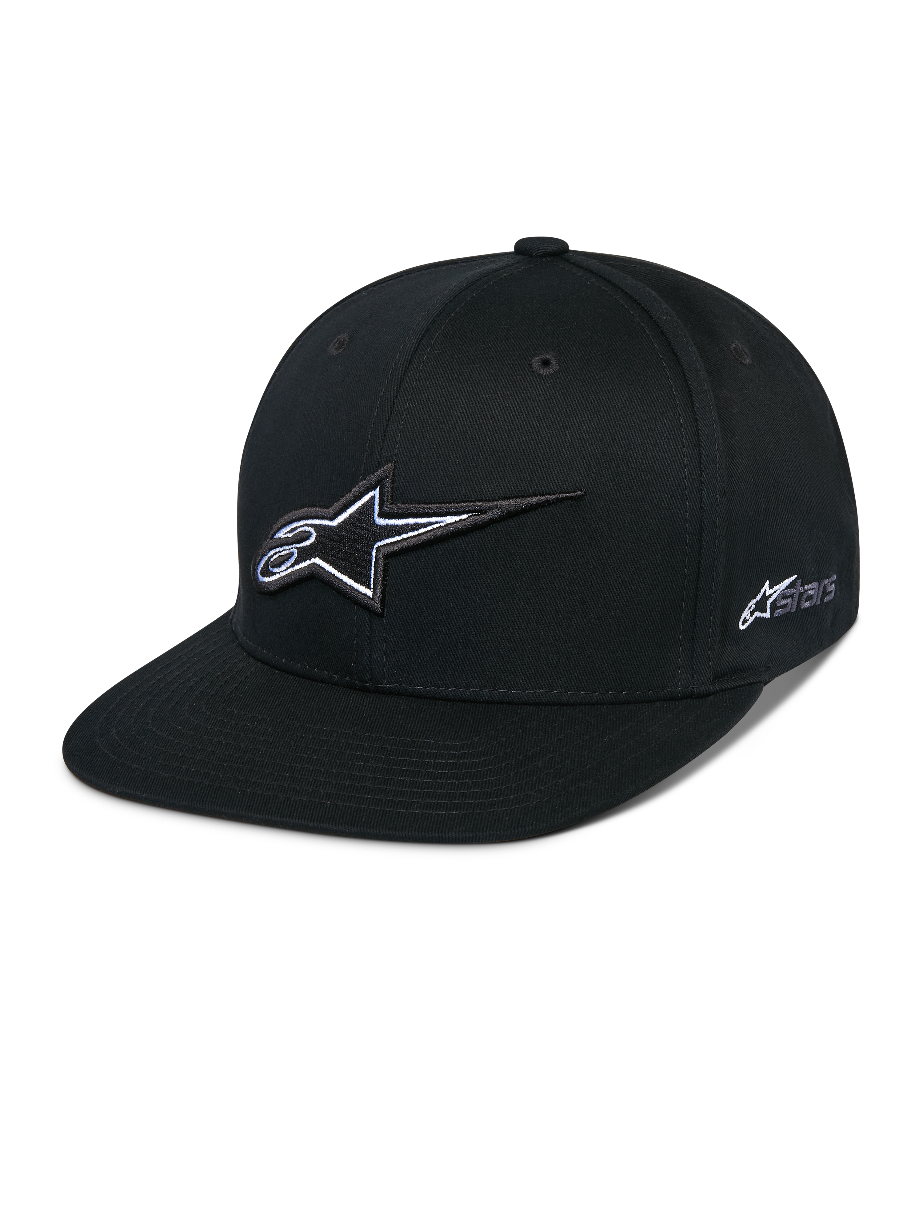 Alpinestars Thickness Snapback Hat, Black Baseball Cap with Flat Brim, White and Gray 3D Embroidered Star Logo, Side Astars Logo, Structured Design with Ventilation Holes, Casual Motorsport Headwear