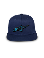 Alpinestars Thickness Snapback Hat, Navy Blue Cap, Front View, 3D Embroidered Black and Blue Astars Logo, Flat Bill, Casual Motorsport Streetwear