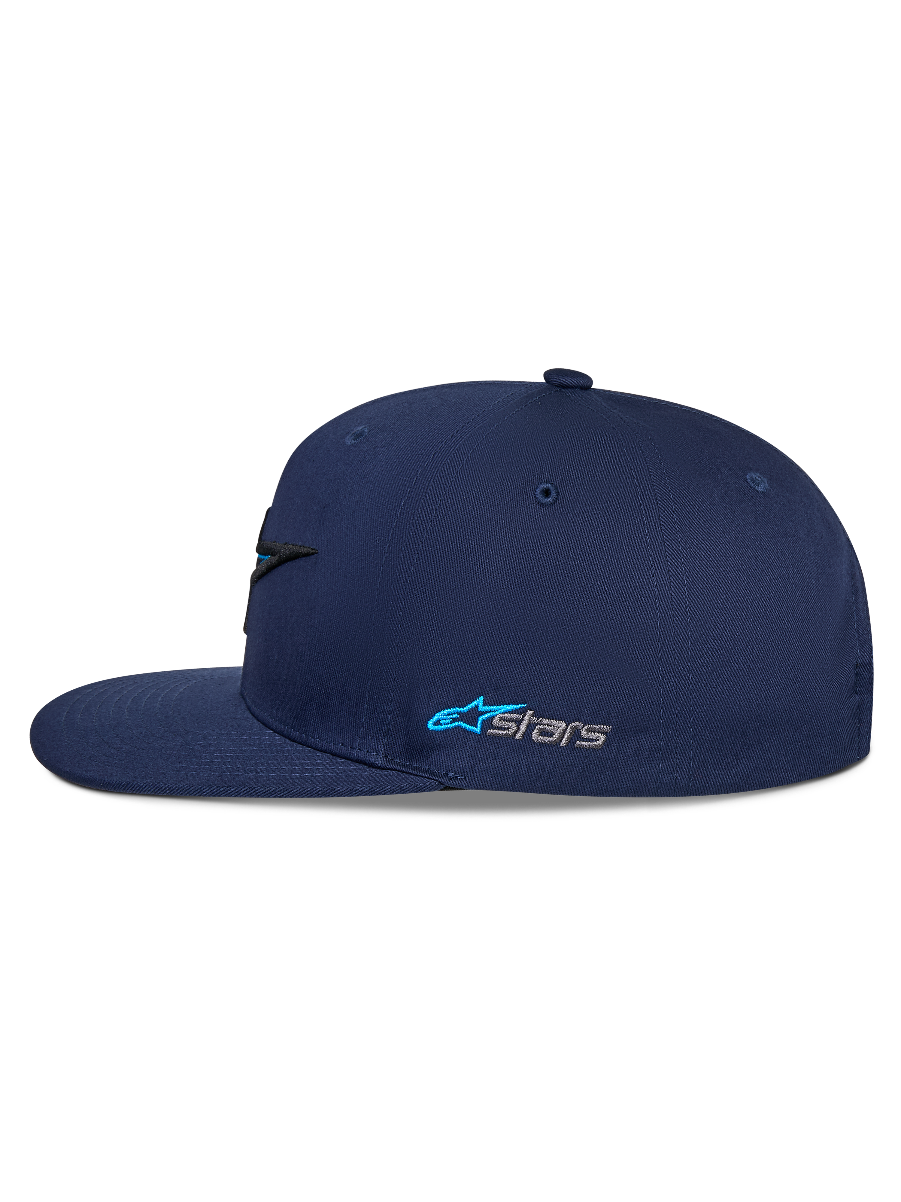 Alpinestars Thickness Snapback Hat, Navy Blue, side profile view, flat bill with structured crown, embroidered Astars side logo in light blue and grey, casual motorsport streetwear