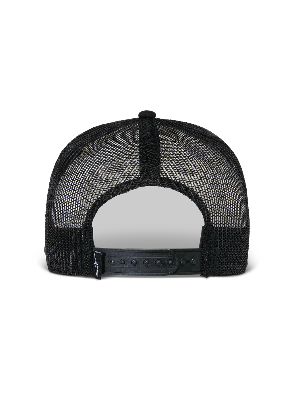 Alpinestars Flag Flat Trucker Hat, sort, set bagfra med åndbar poly mesh-konstruktion, justerbar snapback-lukning og lille vævet logodetalje, afslappet motorsport-hovedbeklædning