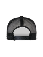 Alpinestars Flag Flat Trucker Hat, sort, set bagfra med åndbar poly mesh-konstruktion, justerbar snapback-lukning og lille vævet logodetalje, afslappet motorsport-hovedbeklædning