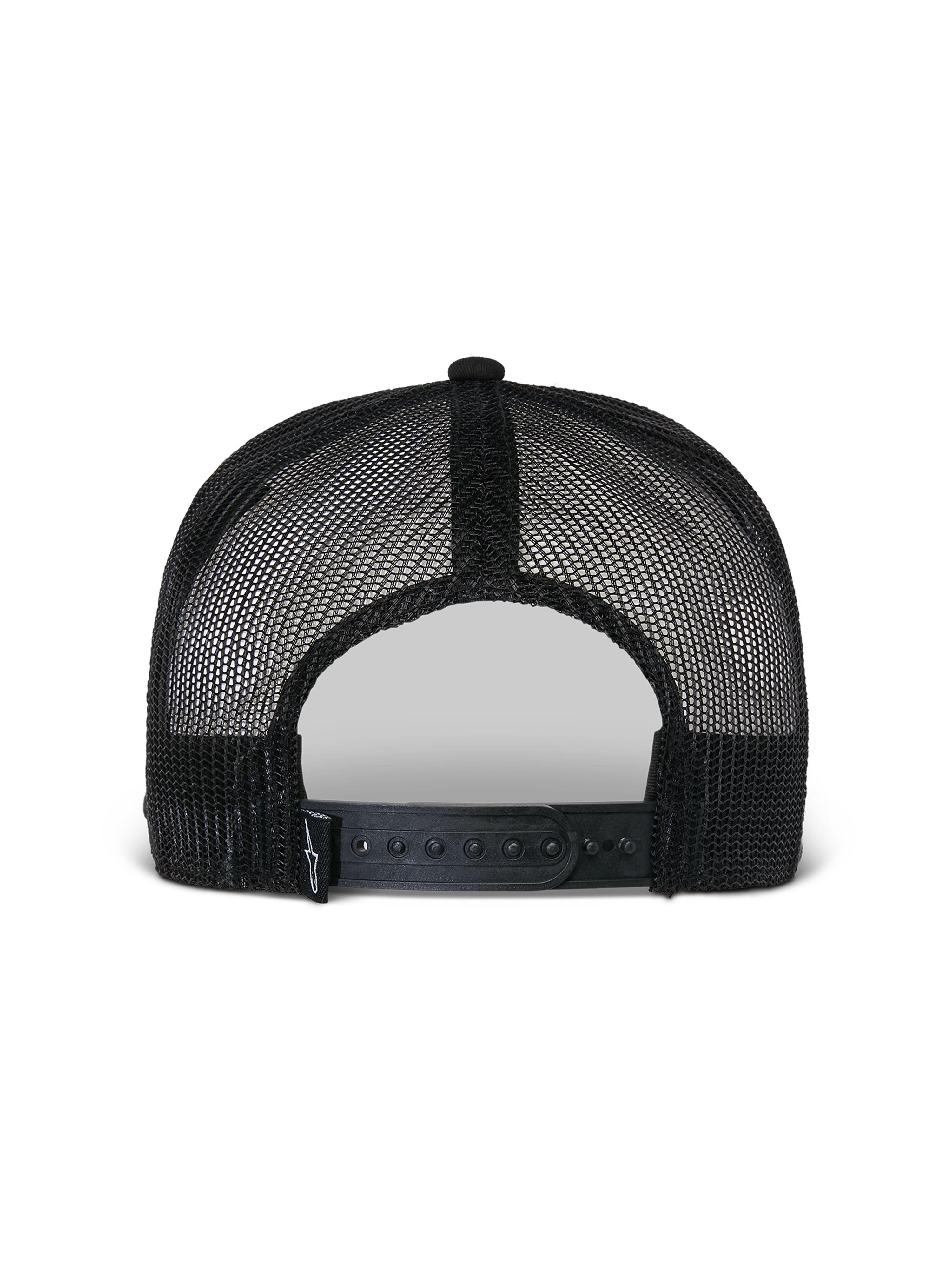 Alpinestars Flag Flat Trucker Hat, sort, set bagfra med åndbar poly mesh-konstruktion, justerbar snapback-lukning og lille vævet logodetalje, afslappet motorsport-hovedbeklædning
