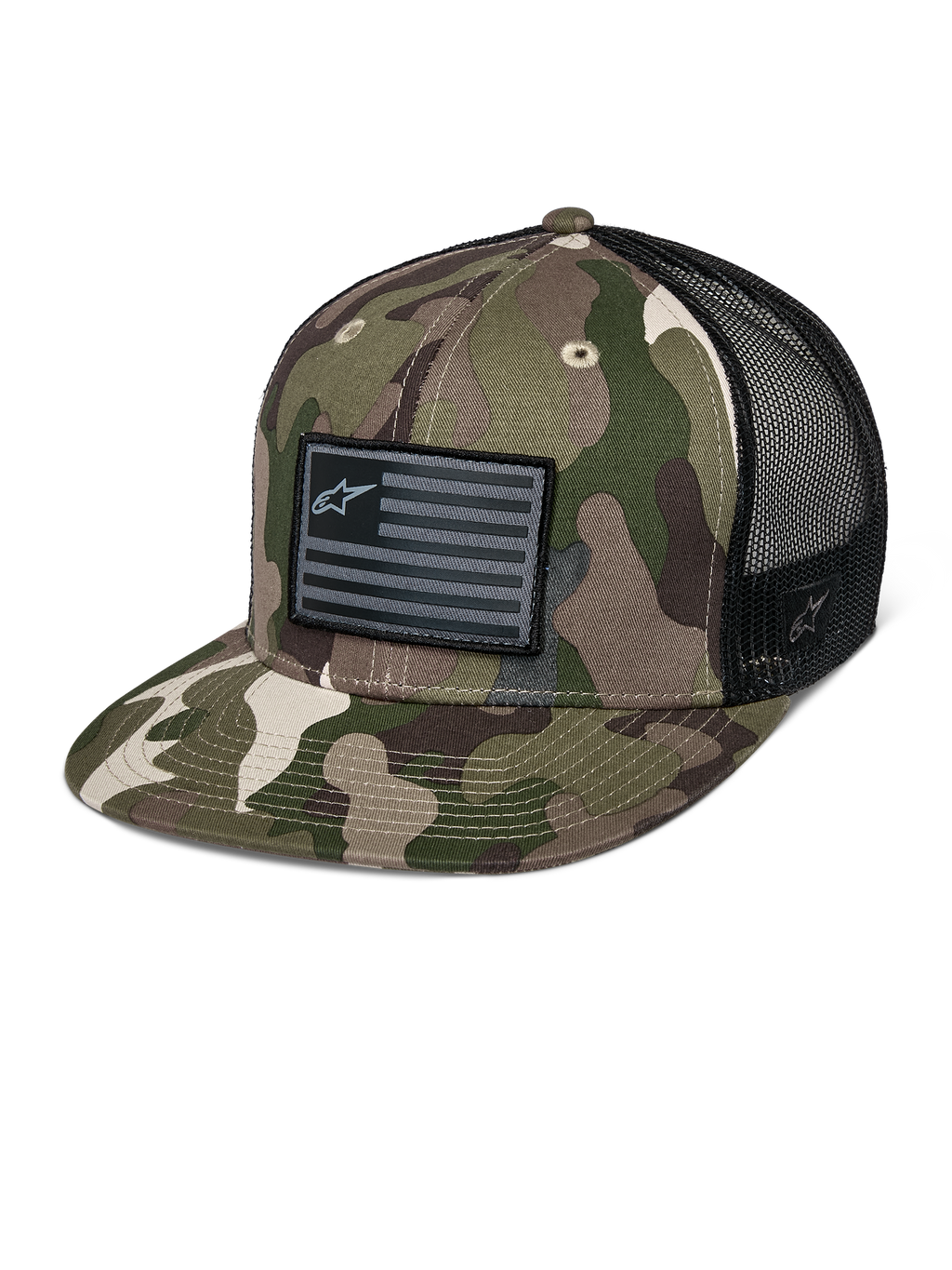 Alpinestars Flag Flat Trucker Hat, grøn camouflage og sort, trucker-kasket med flad skygge og åndbar mesh-bagside, struktureret krone med et sort logo-patch i flagstil, afslappet hovedbeklædning til motorsport