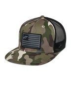 Alpinestars Flag Flat Trucker Hat, grøn camouflage og sort, trucker-kasket med flad skygge og åndbar mesh-bagside, struktureret krone med et sort logo-patch i flagstil, afslappet hovedbeklædning til motorsport