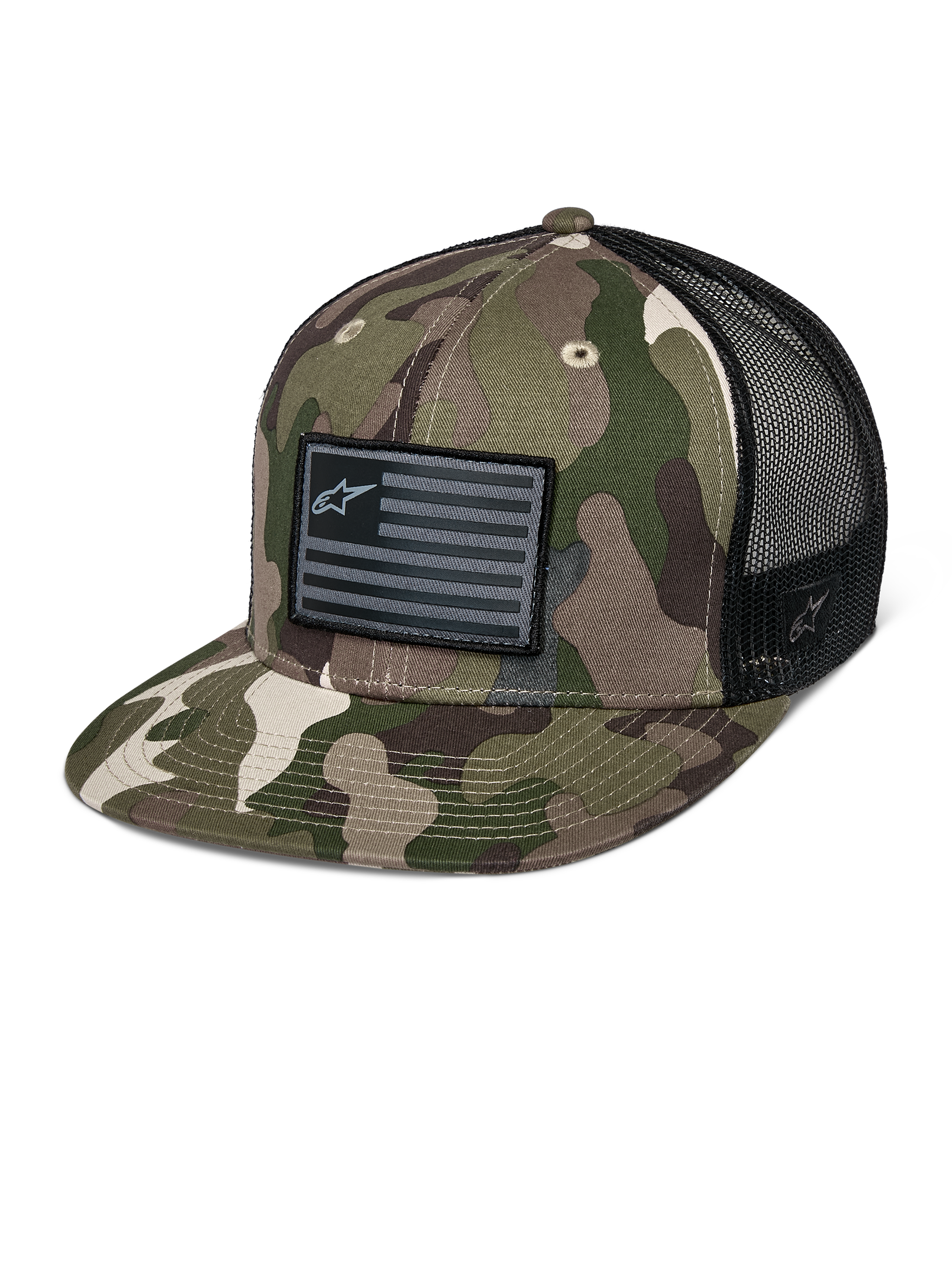 Alpinestars Flag Flat Trucker Hat, grøn camouflage og sort, trucker-kasket med flad skygge og åndbar mesh-bagside, struktureret krone med et sort logo-patch i flagstil, afslappet hovedbeklædning til motorsport