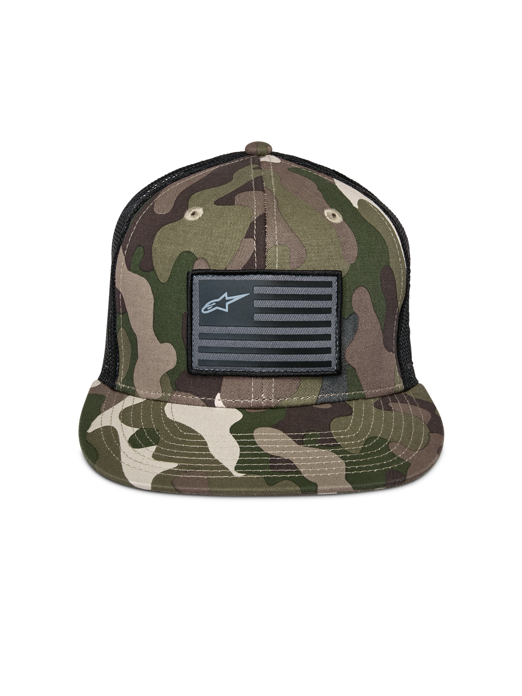 Alpinestars Flag Flat Trucker Hat, grøn camouflage og sort, flad skygge med struktureret krone, sort flag-patch med Alpinestars-logo, mesh-bagside, afslappet motorsport-inspireret hovedbeklædning