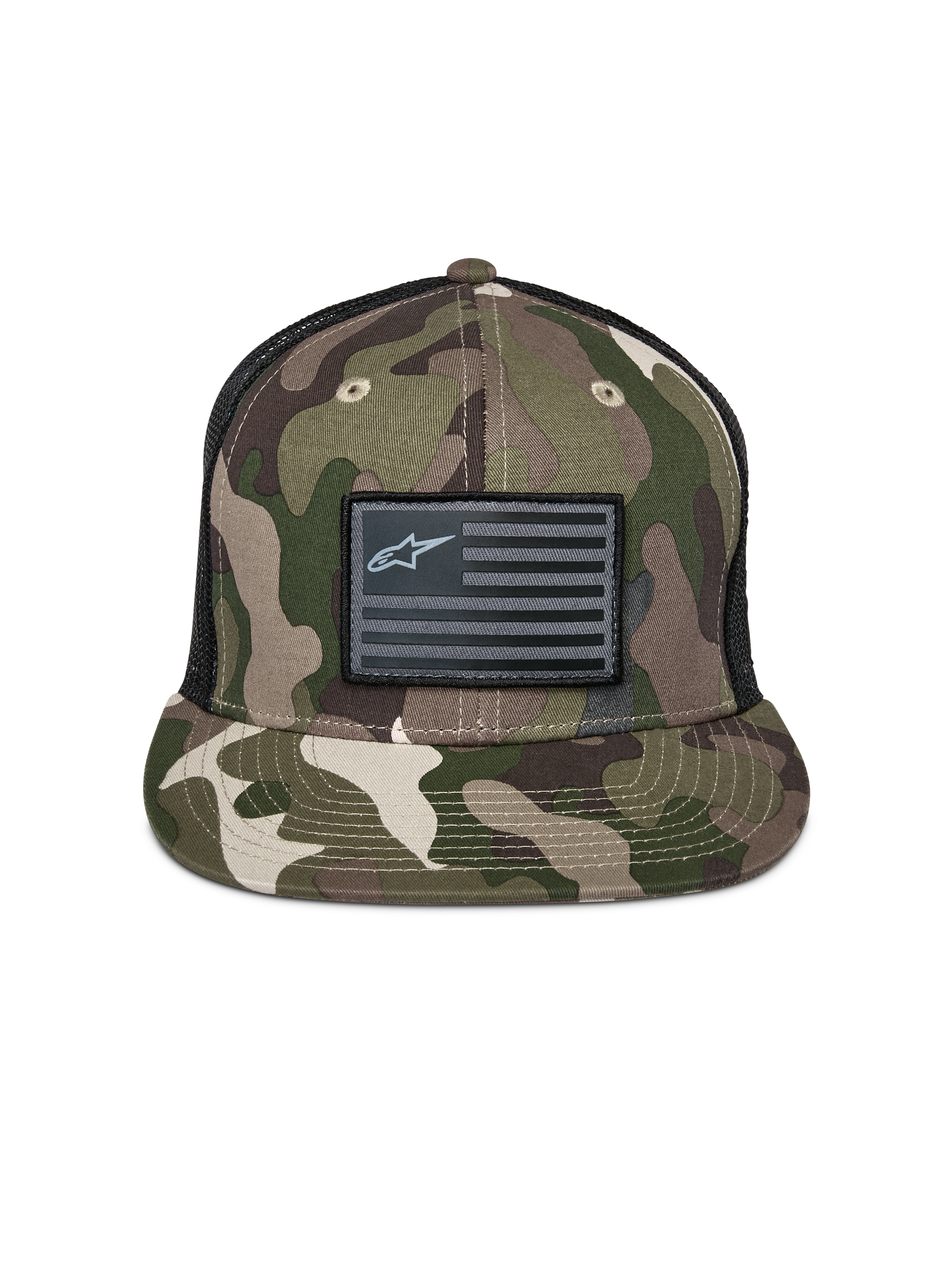 Alpinestars Flag Flat Trucker Hat, grøn camouflage og sort, flad skygge med struktureret krone, sort flag-patch med Alpinestars-logo, mesh-bagside, afslappet motorsport-inspireret hovedbeklædning