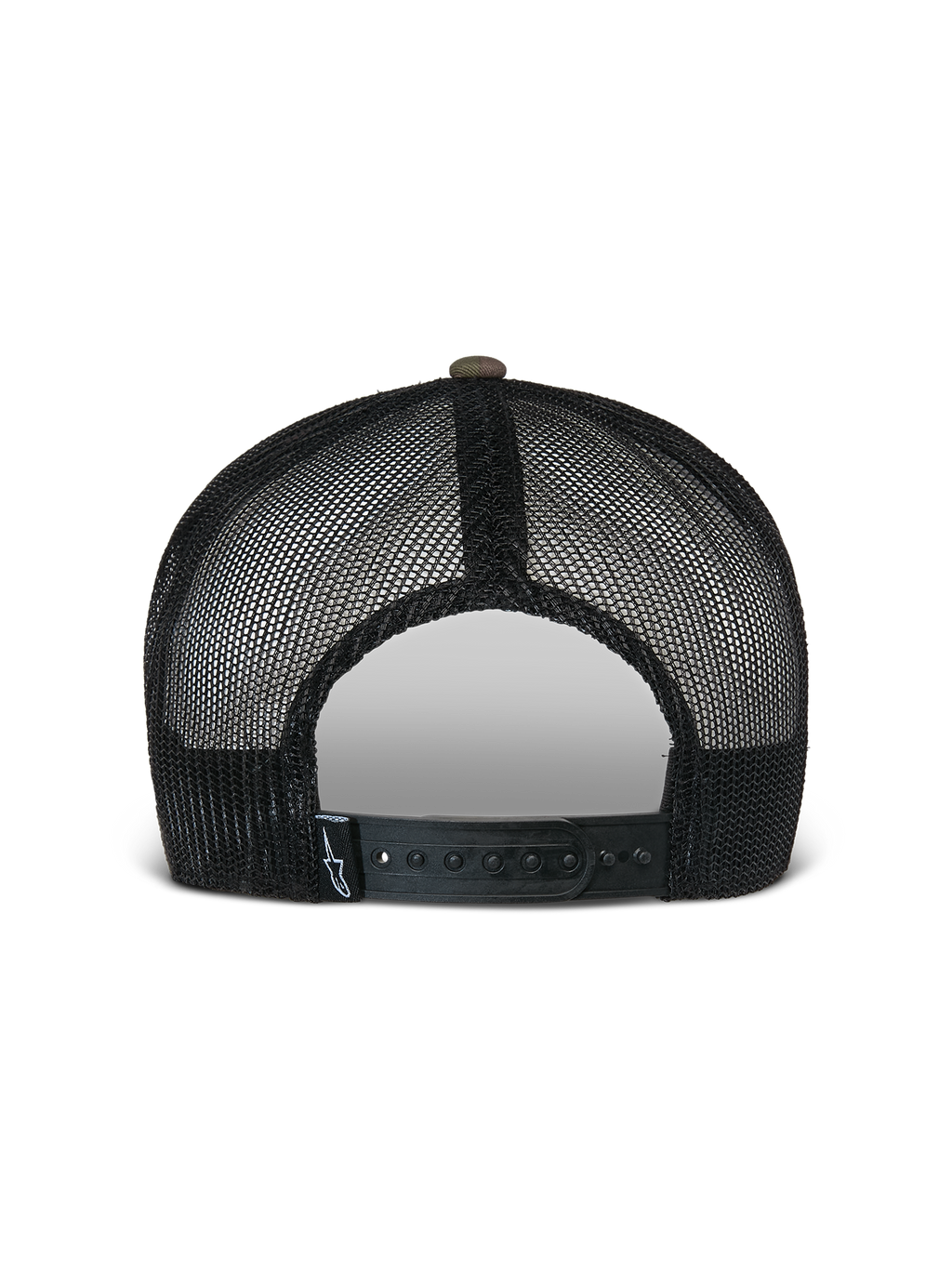 Alpinestars Flag Flat Trucker Hat, Grøn Camo og Sort, set bagfra med åndbare sorte mesh-paneler og en justerbar snapback-lukning med et lille logo-mærke, afslappet motorsportsinspireret hovedbeklædning