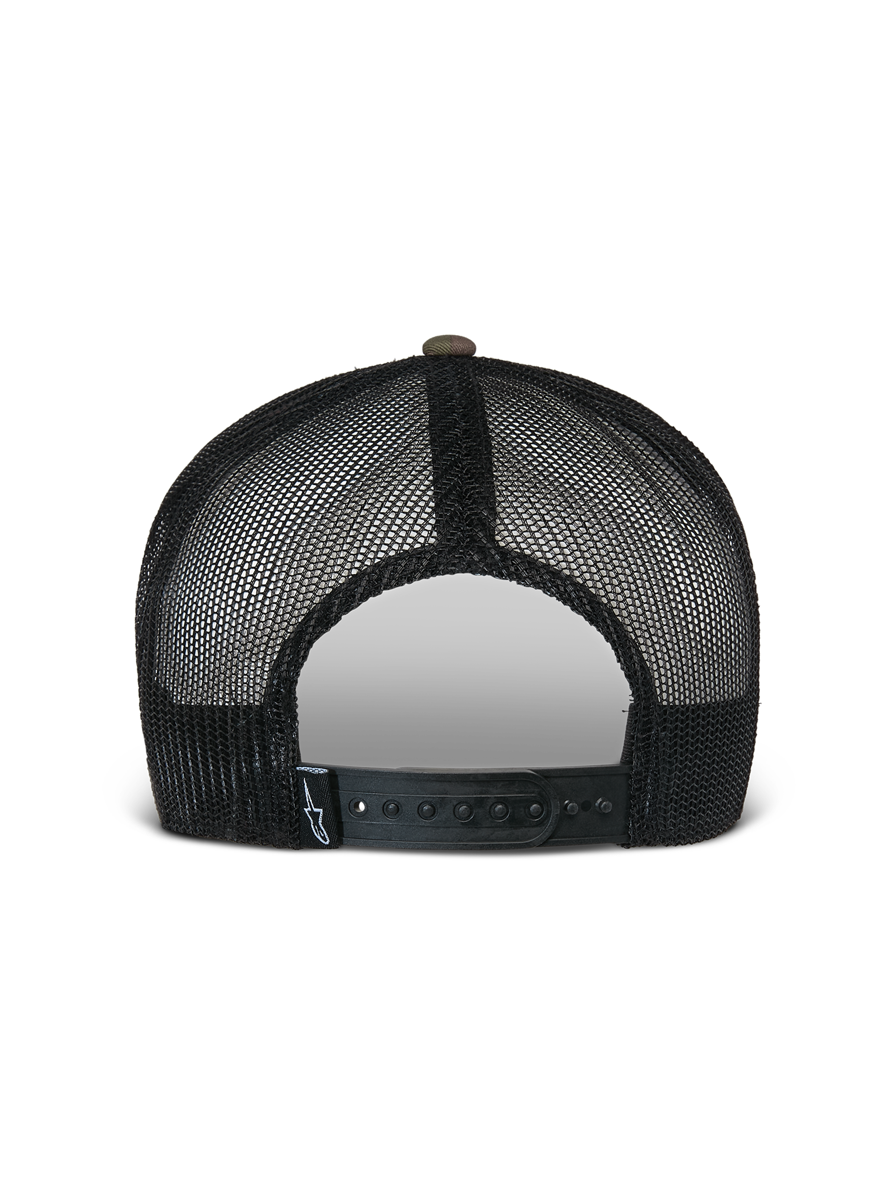 Alpinestars Flag Flat Trucker Hat, Grøn Camo og Sort, set bagfra med åndbare sorte mesh-paneler og en justerbar snapback-lukning med et lille logo-mærke, afslappet motorsportsinspireret hovedbeklædning