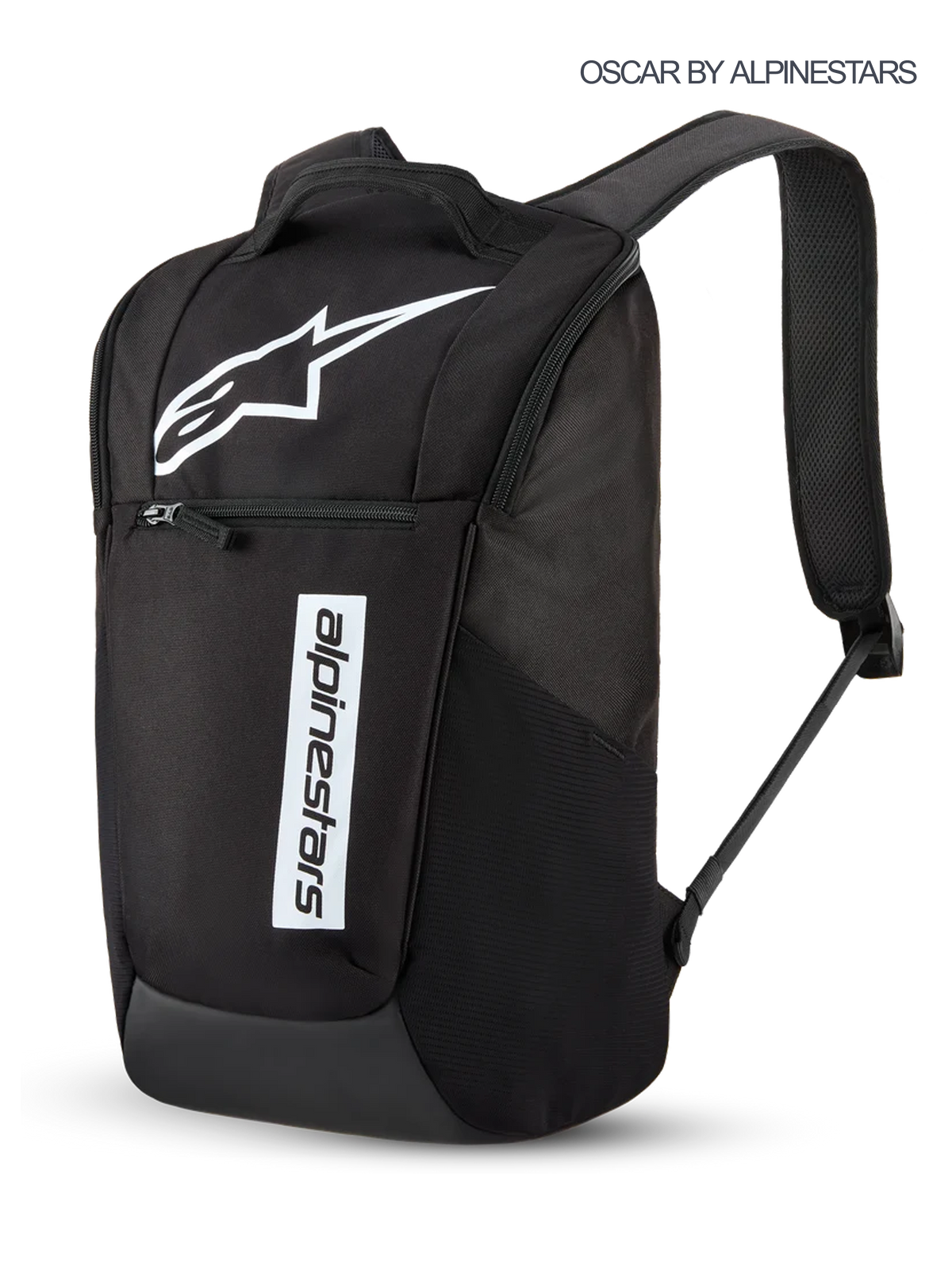 Alpinestars Defcon V3 rygsæk, 13,6L sportswear-hverdagsrygsæk i sort og hvid med trykt Astars-logo og branding, forlomme med lynlås og polstrede skulderstropper.