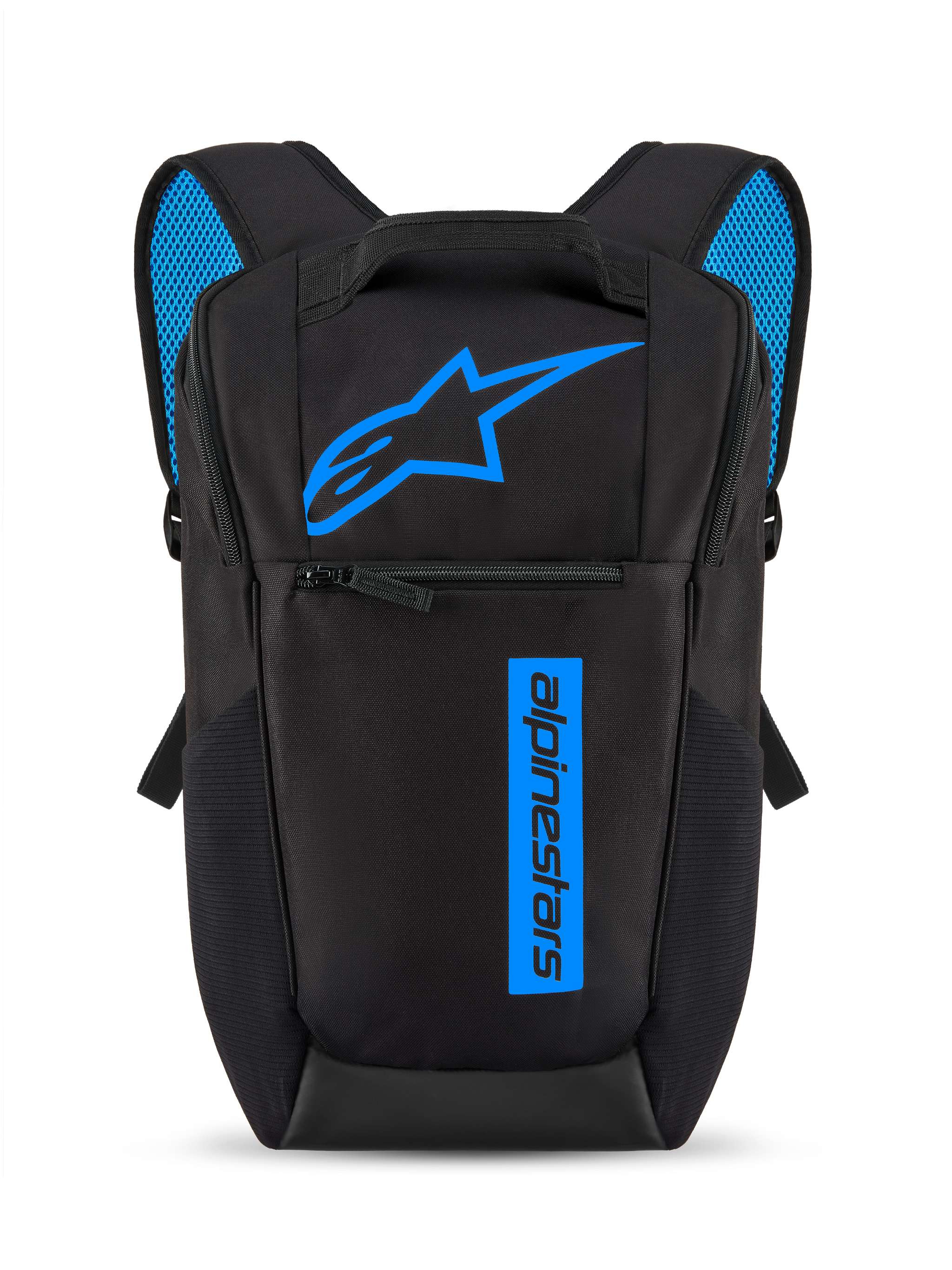 Alpinestars Defcon V3 Backpack, Black and Blue, small daily daypack with bright blue Astars logo and vertical branding, front zipper pocket, padded shoulder straps with blue air mesh, durable 600D polyester material