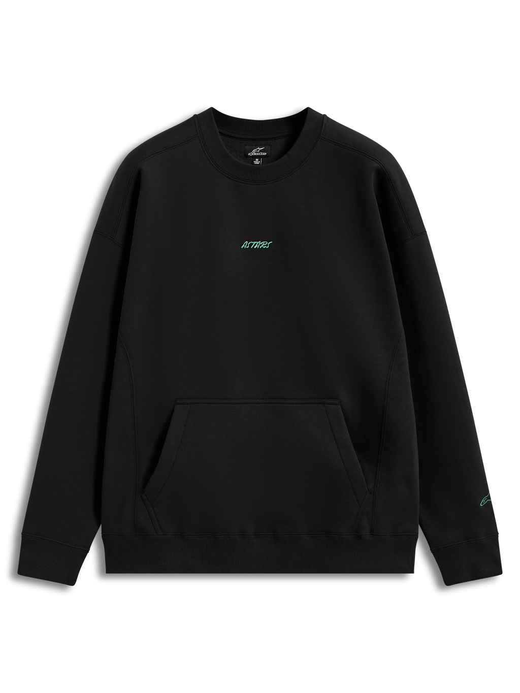 Alpinestars Guise Oversized Crew, sort fleece sweatshirt med blågrønt broderet logo og kængurulomme, afslappet pasform.