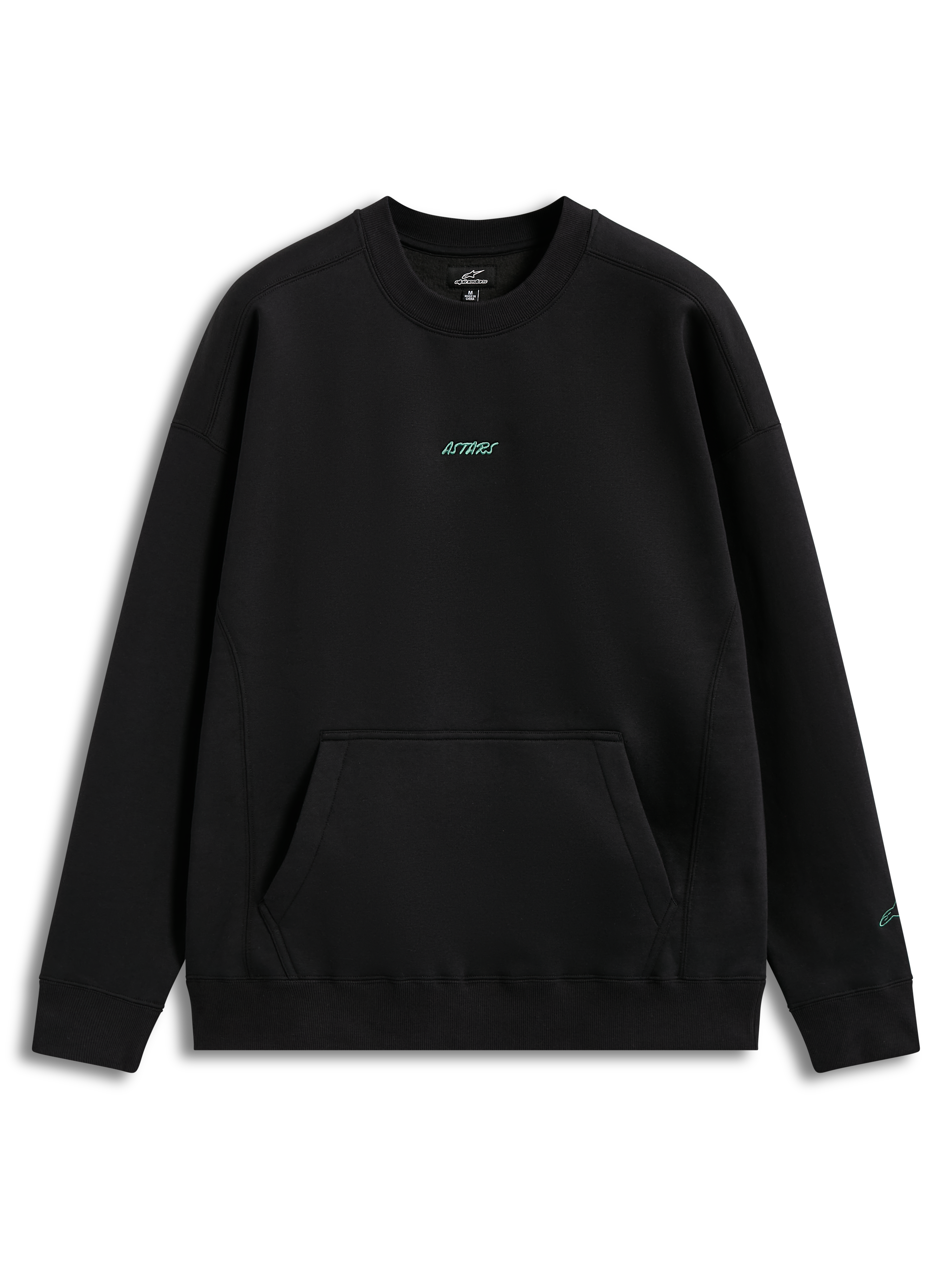 Alpinestars Guise Oversized Crew, sort fleece sweatshirt med blågrønt broderet logo og kængurulomme, afslappet pasform.