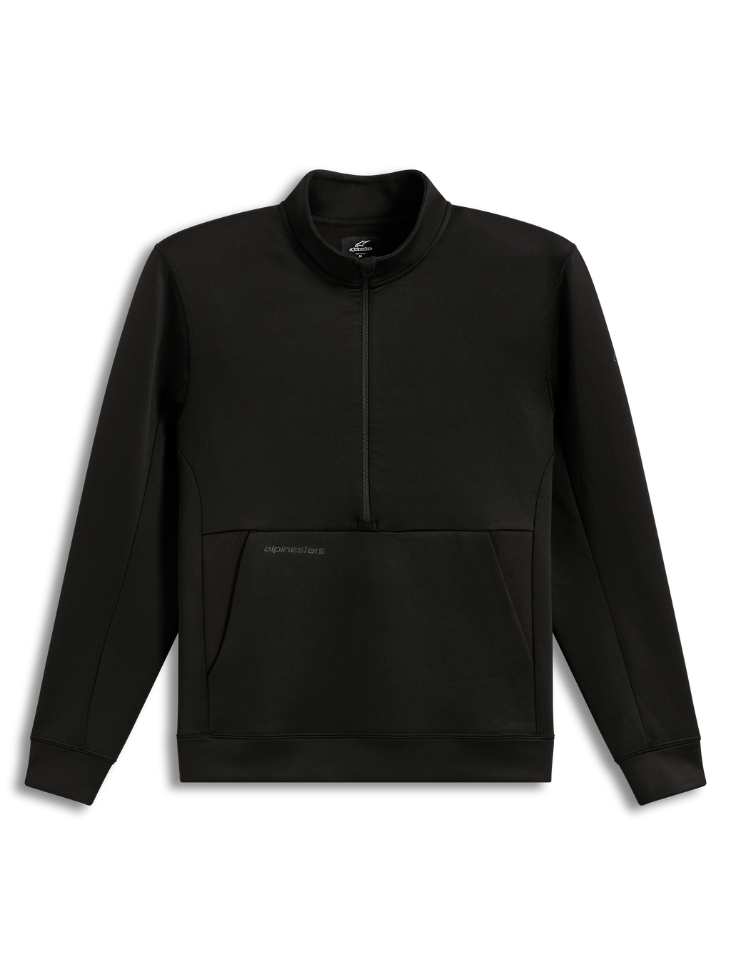 Alpinestars Apera Half-Zip sweatshirt i sort performance-fleece med kængurulomme og tonalt logo, afslappet sportstøj.