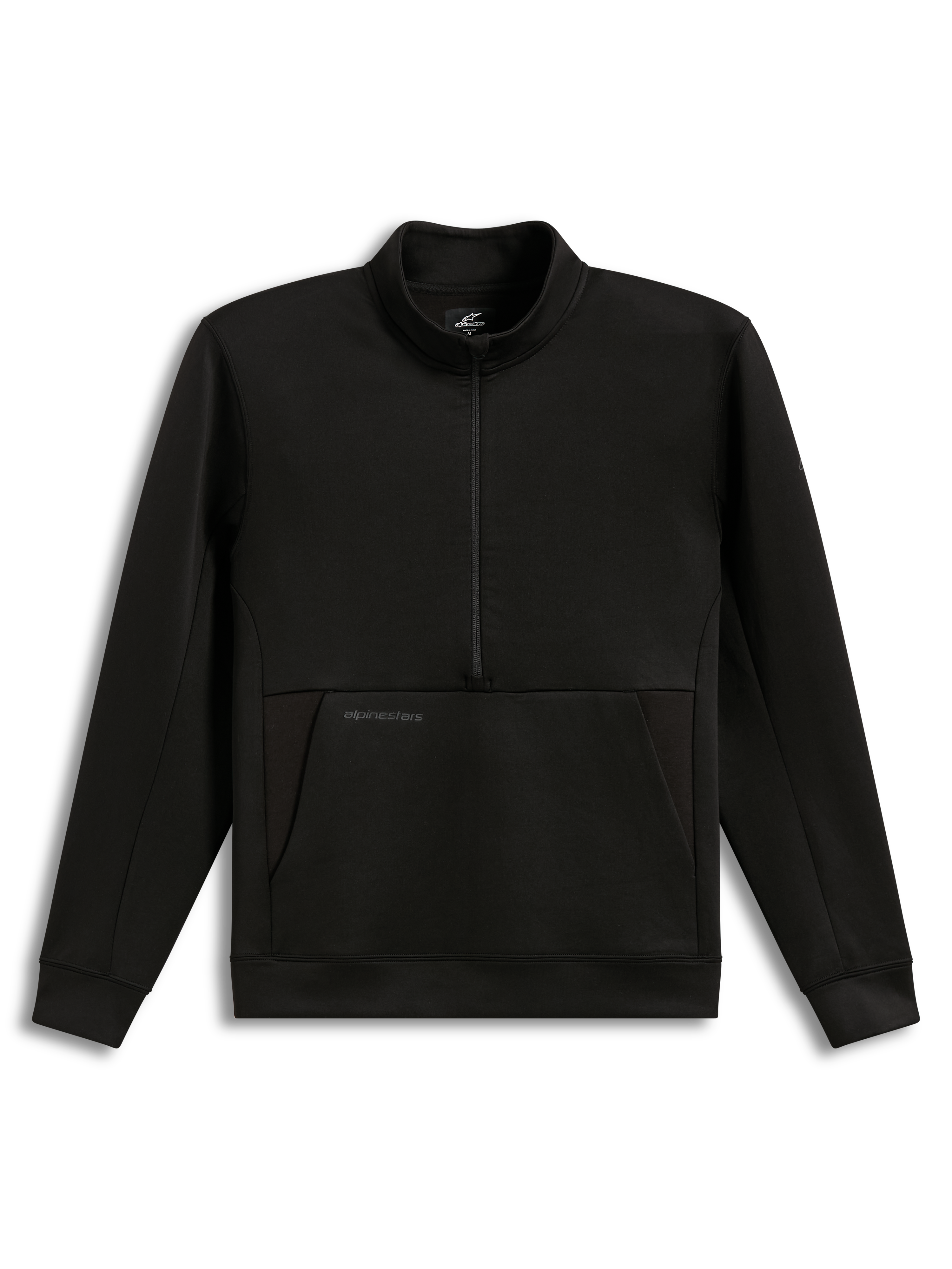 Alpinestars Apera Half-Zip sweatshirt i sort performance-fleece med kængurulomme og tonalt logo, afslappet sportstøj.