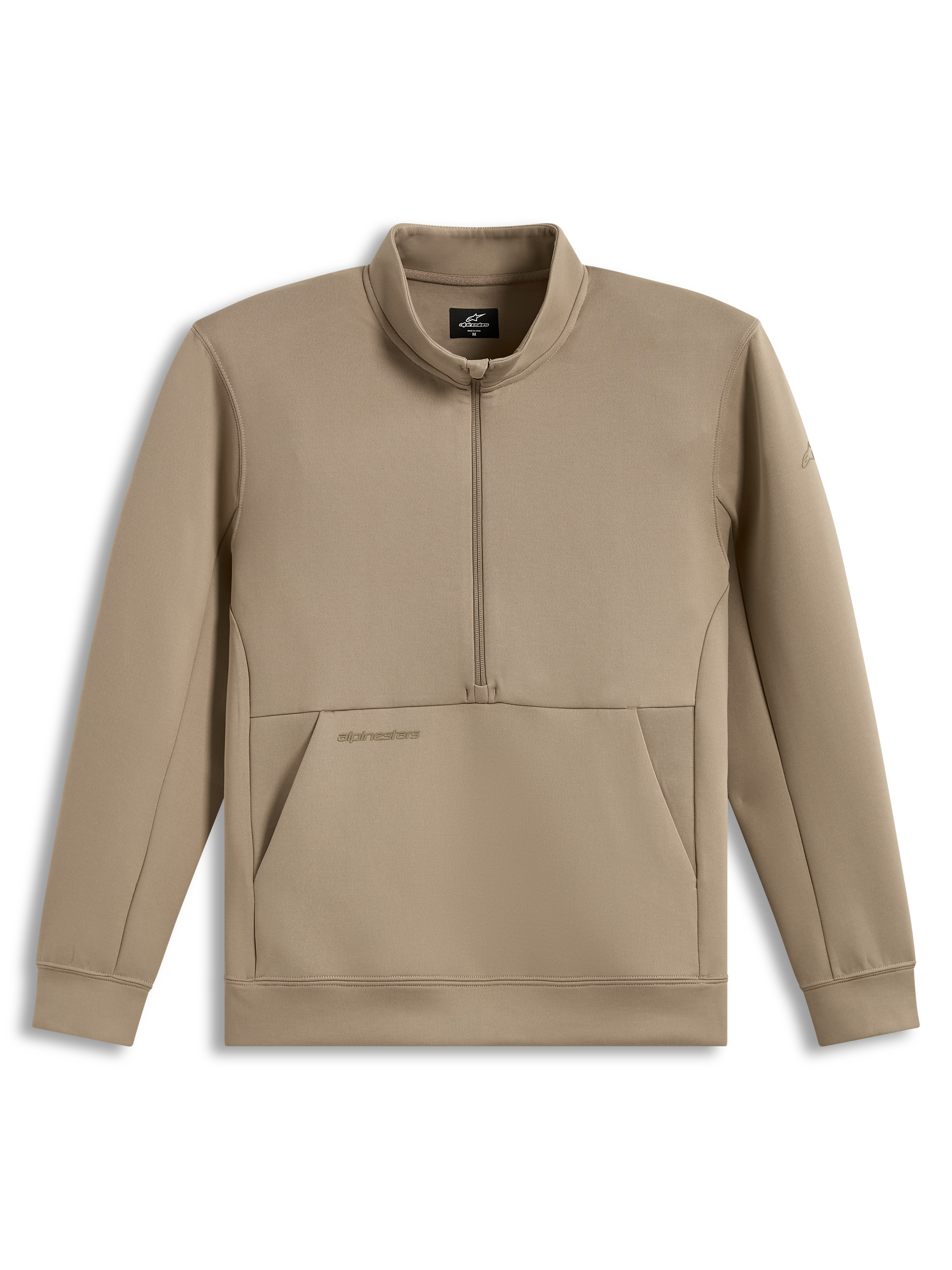 Alpinestars Apera half-zip sweatshirt, sportswear pullover, sandfarvet fleece med kængurulomme og tonale logoer.