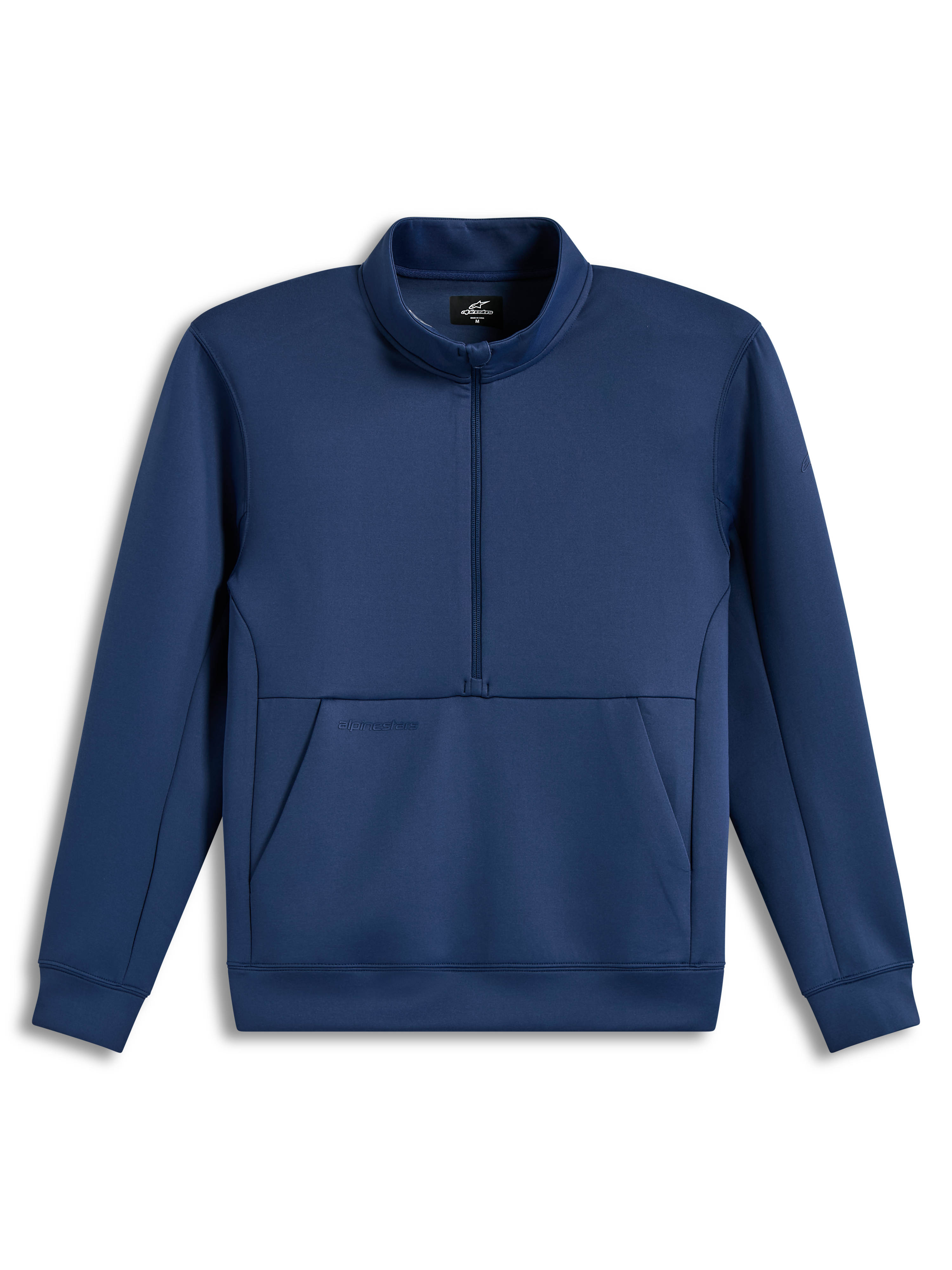 Alpinestars Apera Half-Zip Sweatshirt, blå fleece med halv lynlås, kængurulomme og tonale logoer, afslappet sportstøj