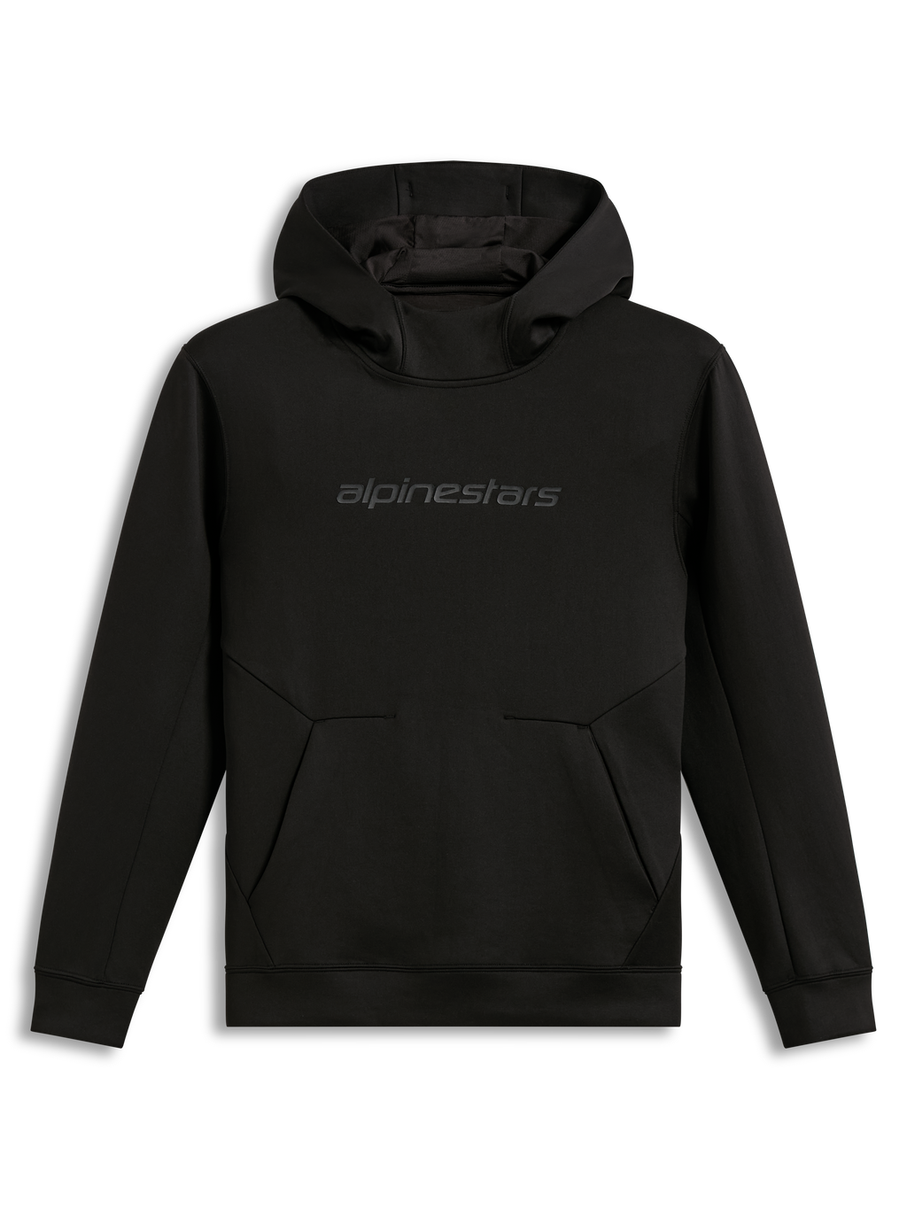 Alpinestars Datrix Hoodie, sort pullover-hættetrøje i fleece til sportstøj, med tonalt HD-logo på brystet og dart-detalje ved lommen.