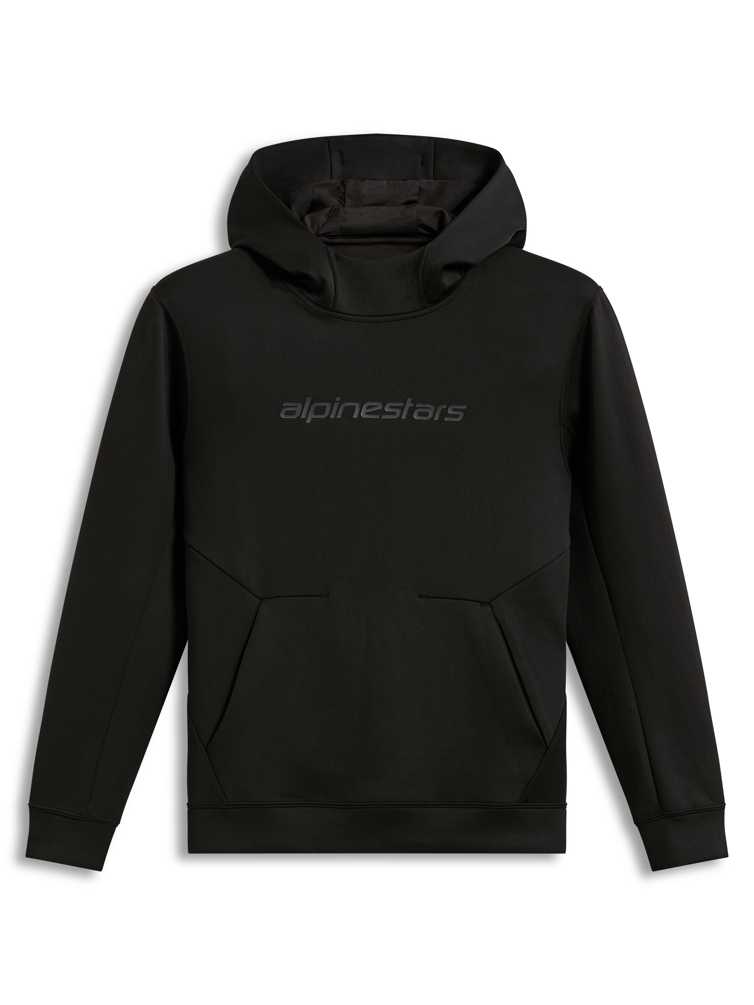 Alpinestars Datrix Hoodie, sort pullover-hættetrøje i fleece til sportstøj, med tonalt HD-logo på brystet og dart-detalje ved lommen.