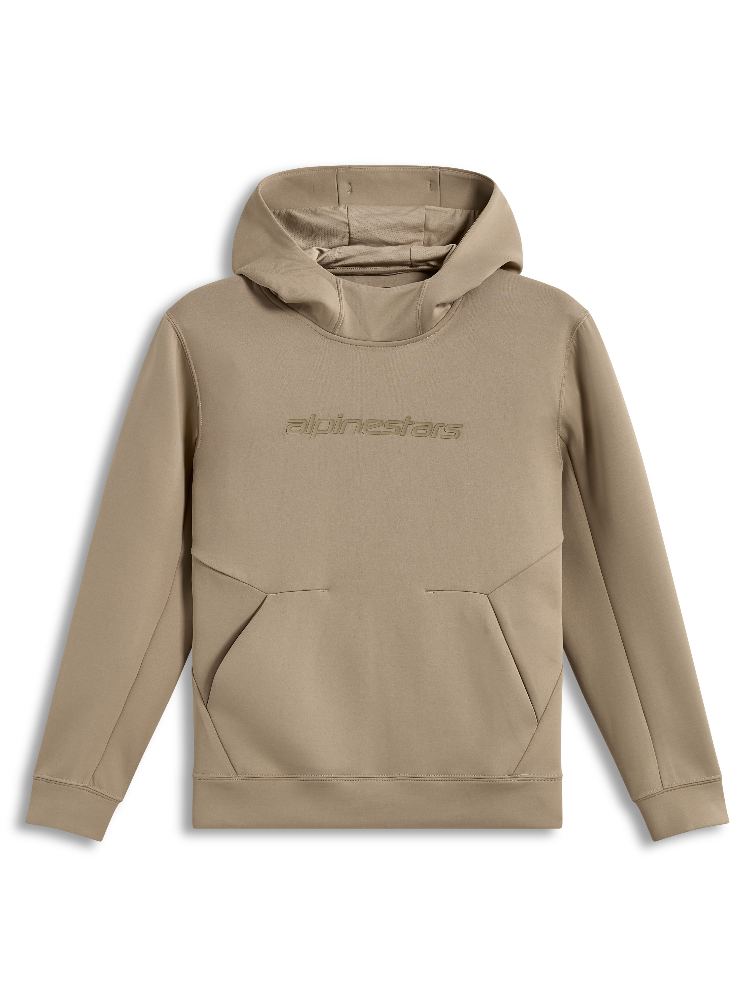 Alpinestars Datrix Hoodie, brun hættetrøje i dobbelt fleece, tonal logo og mesh-foret hætte, afslappet motorsport-streetwear.