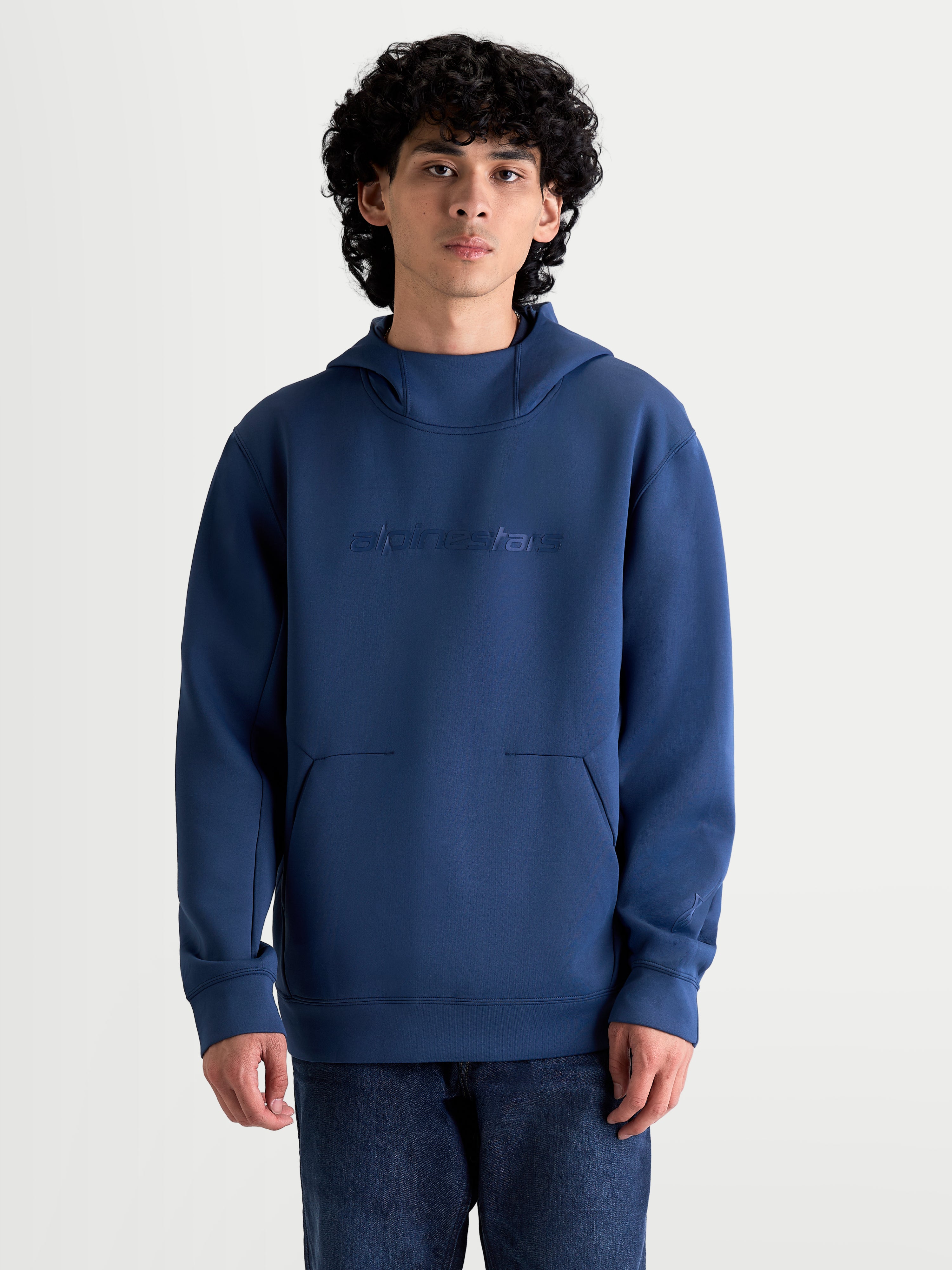 Alpinestars Datrix hættetrøje, sportspullover til herrer, blå, premium tri-blend dobbeltsidet fleece med tonalt HD Alpinestars-logo, mesh-foret hætte og motorsport-inspireret stil.