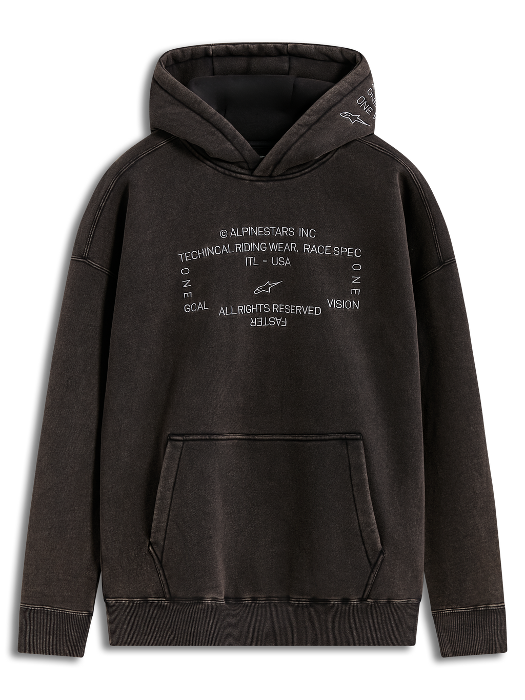 Alpinestars Infinite Washed Oversized Hoodie, vasket sort hættetrøje med broderede racing-logoer og kængurulomme.