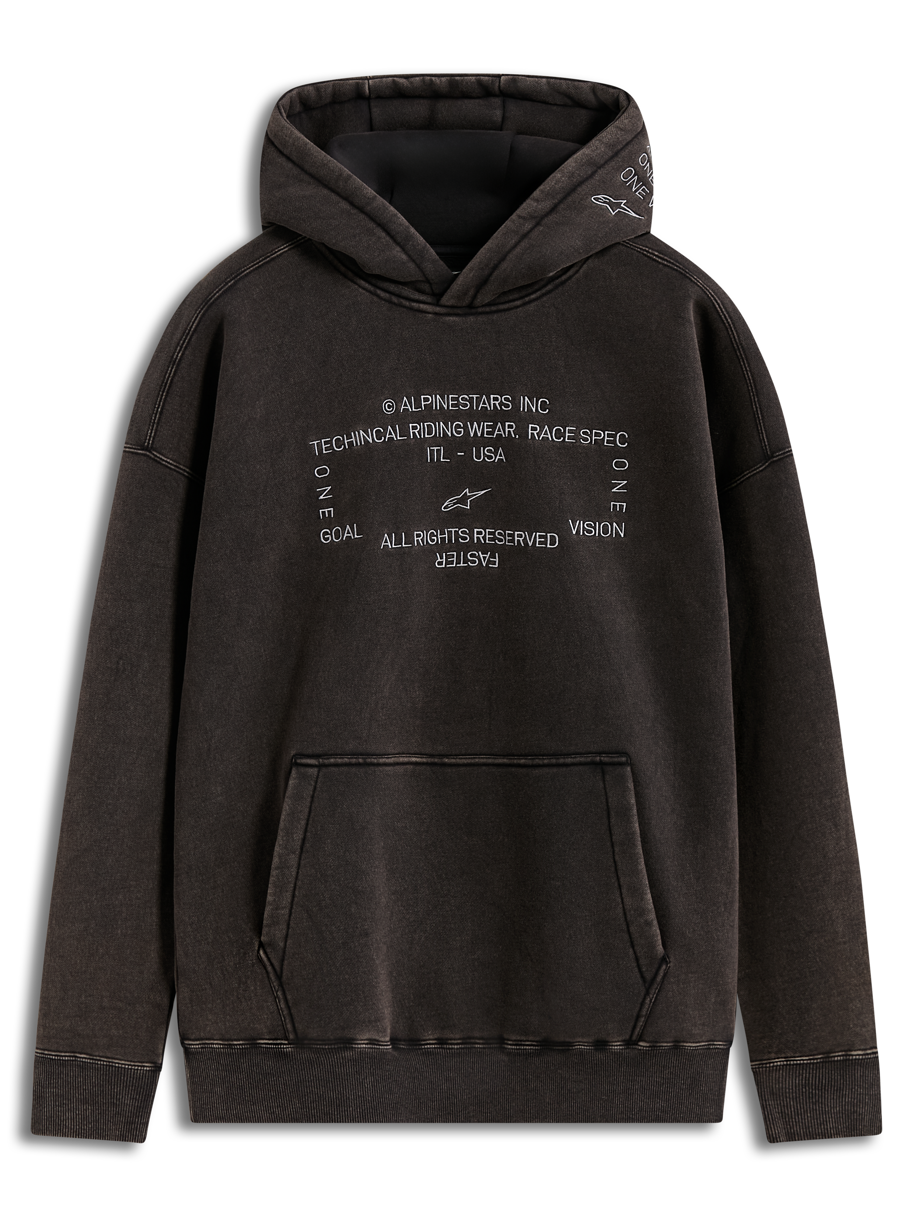 Alpinestars Infinite Washed Oversized Hoodie, vasket sort hættetrøje med broderede racing-logoer og kængurulomme.