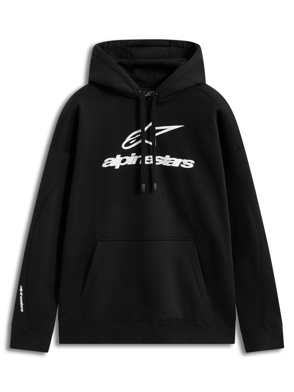 Alpinestars Prelude Oversized Hoodie, sort fleecehættetrøje med hvidt puff-print logo, kængurulomme, motorsport-streetwear