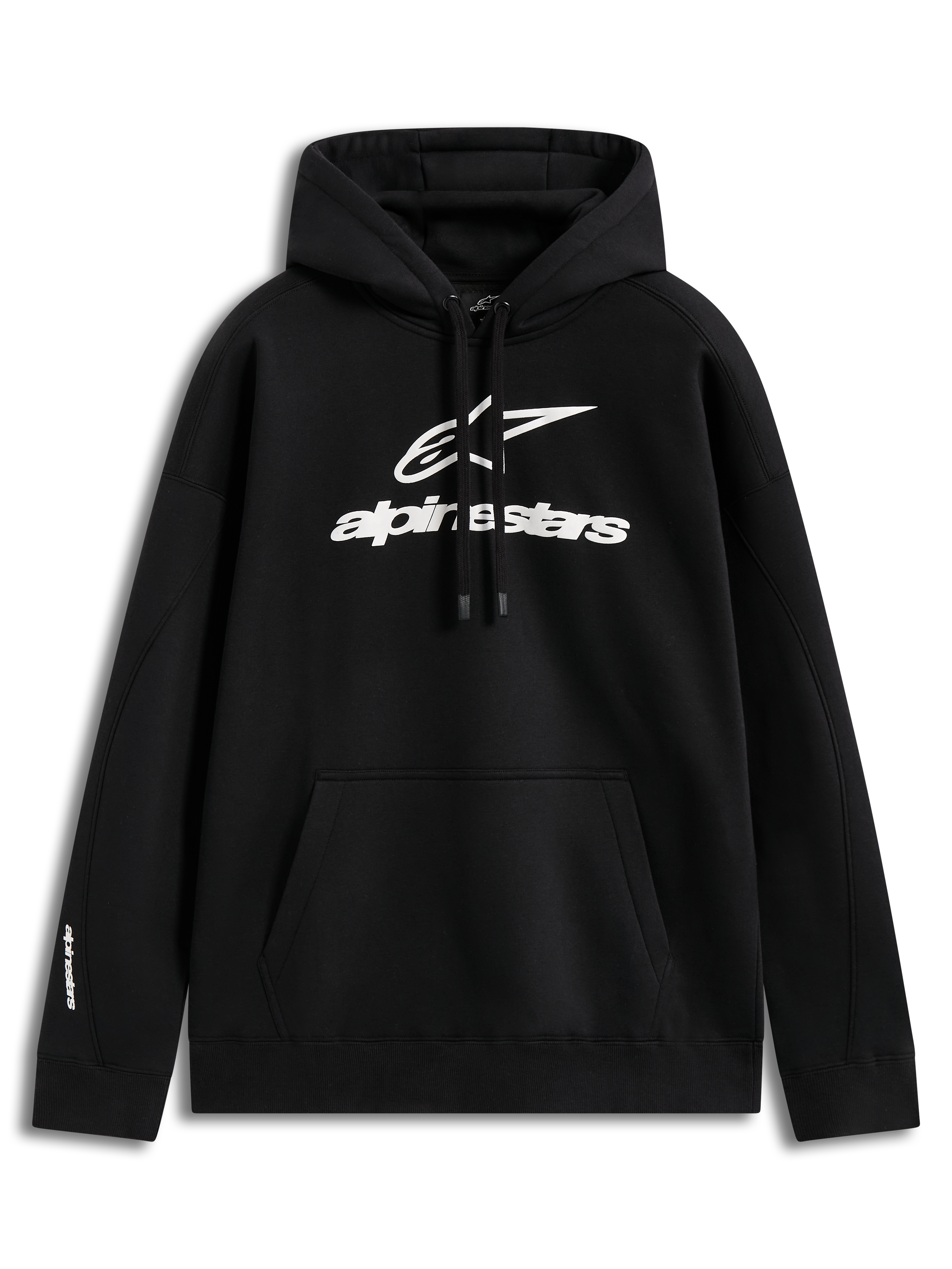 Alpinestars Prelude Oversized Hoodie, sort fleecehættetrøje med hvidt puff-print logo, kængurulomme, motorsport-streetwear