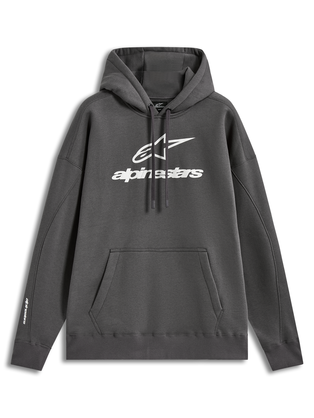 Alpinestars Prelude Oversized Hoodie, grå fleece hættetrøje med hvidt puff-print logo og kængurulomme.