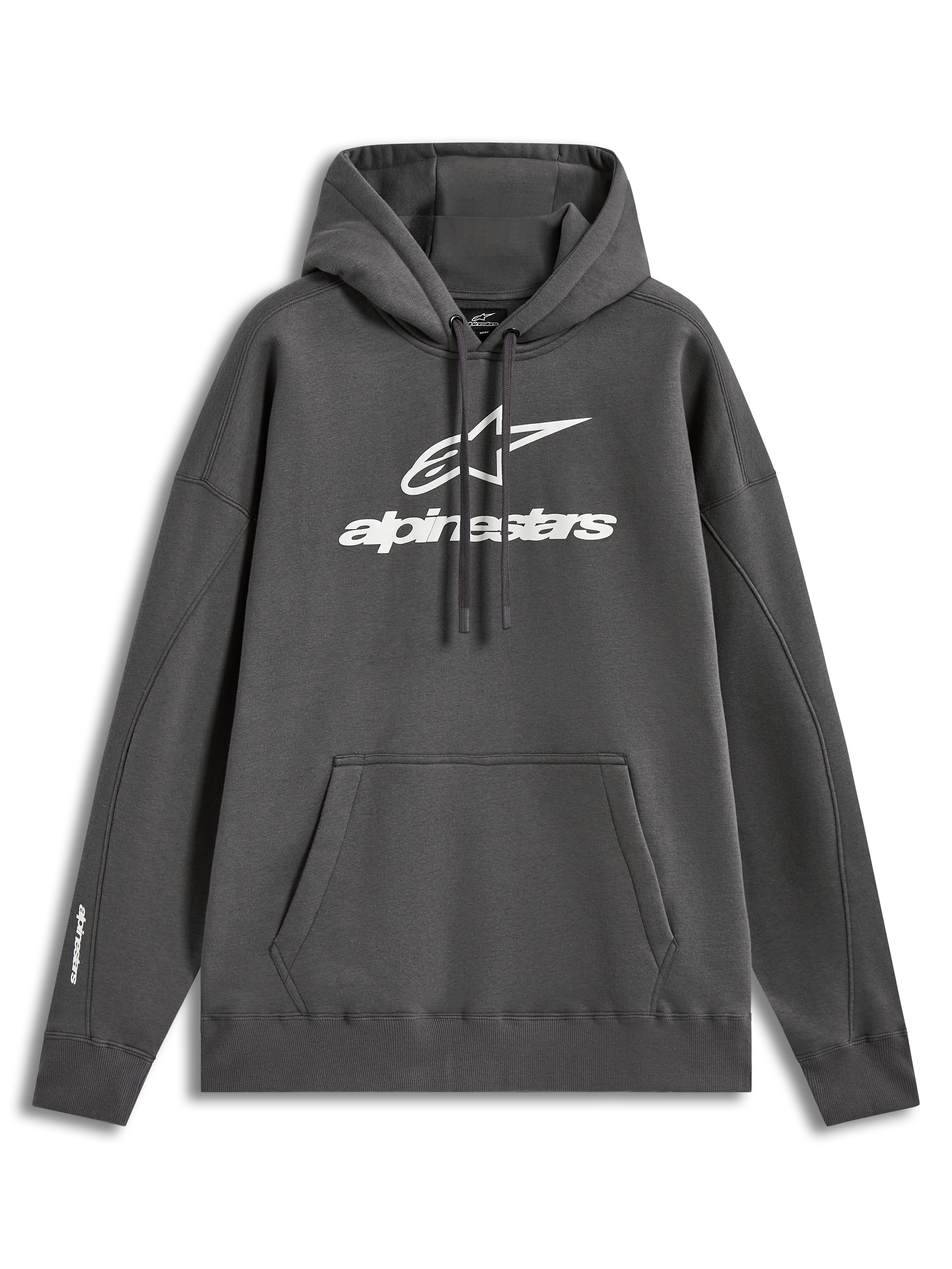 Alpinestars Prelude Oversized Hoodie, grå fleece hættetrøje med hvidt puff-print logo og kængurulomme.