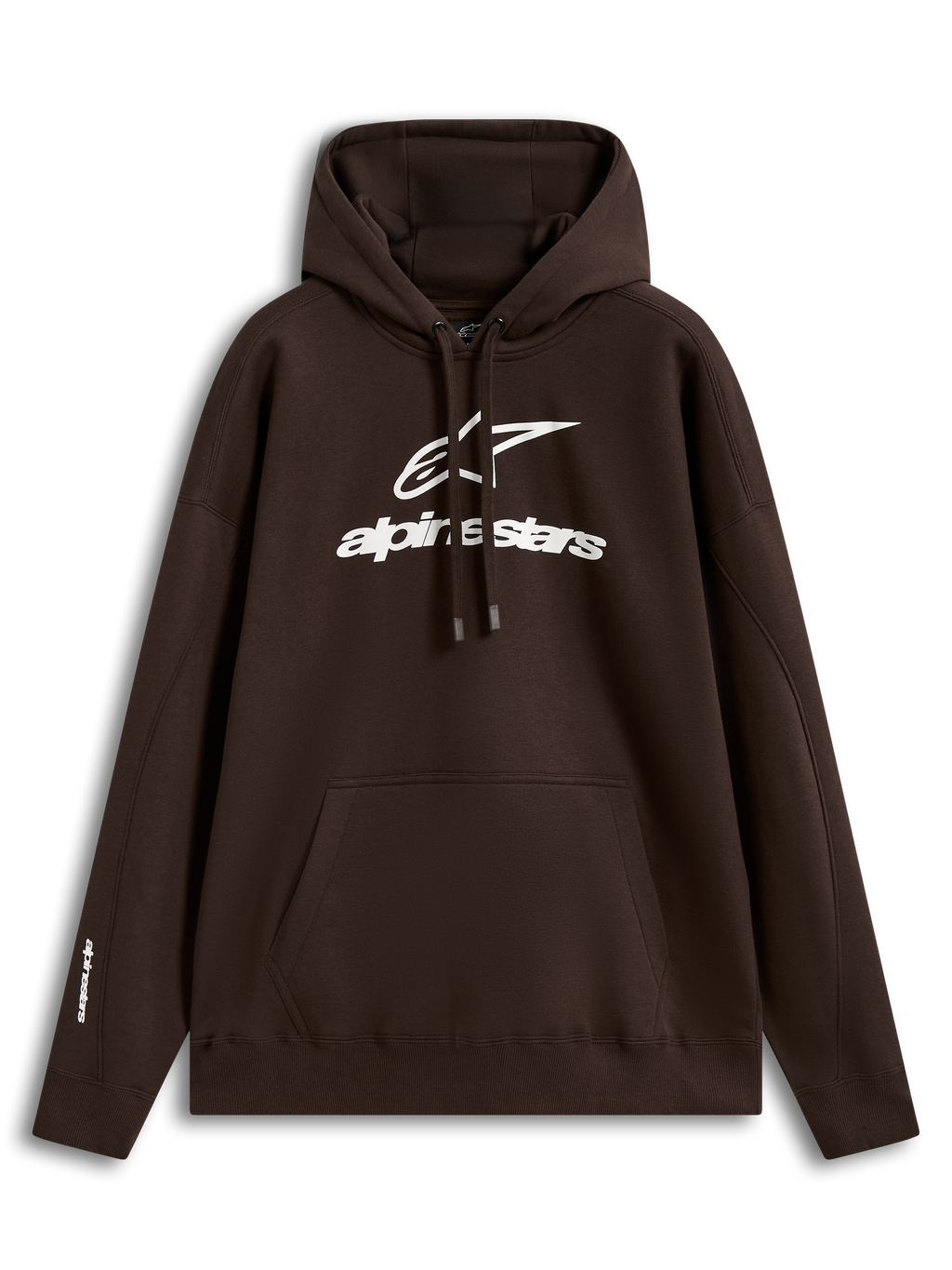 Alpinestars Prelude Oversized Hoodie, brun hættetrøje i fleece med hvidt puff-print logo og kængurulomme, afslappet motorsport-streetwear