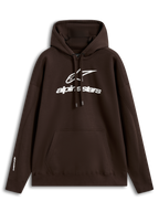 Alpinestars Prelude Oversized Hoodie, brun hættetrøje i fleece med hvidt puff-print logo og kængurulomme, afslappet motorsport-streetwear