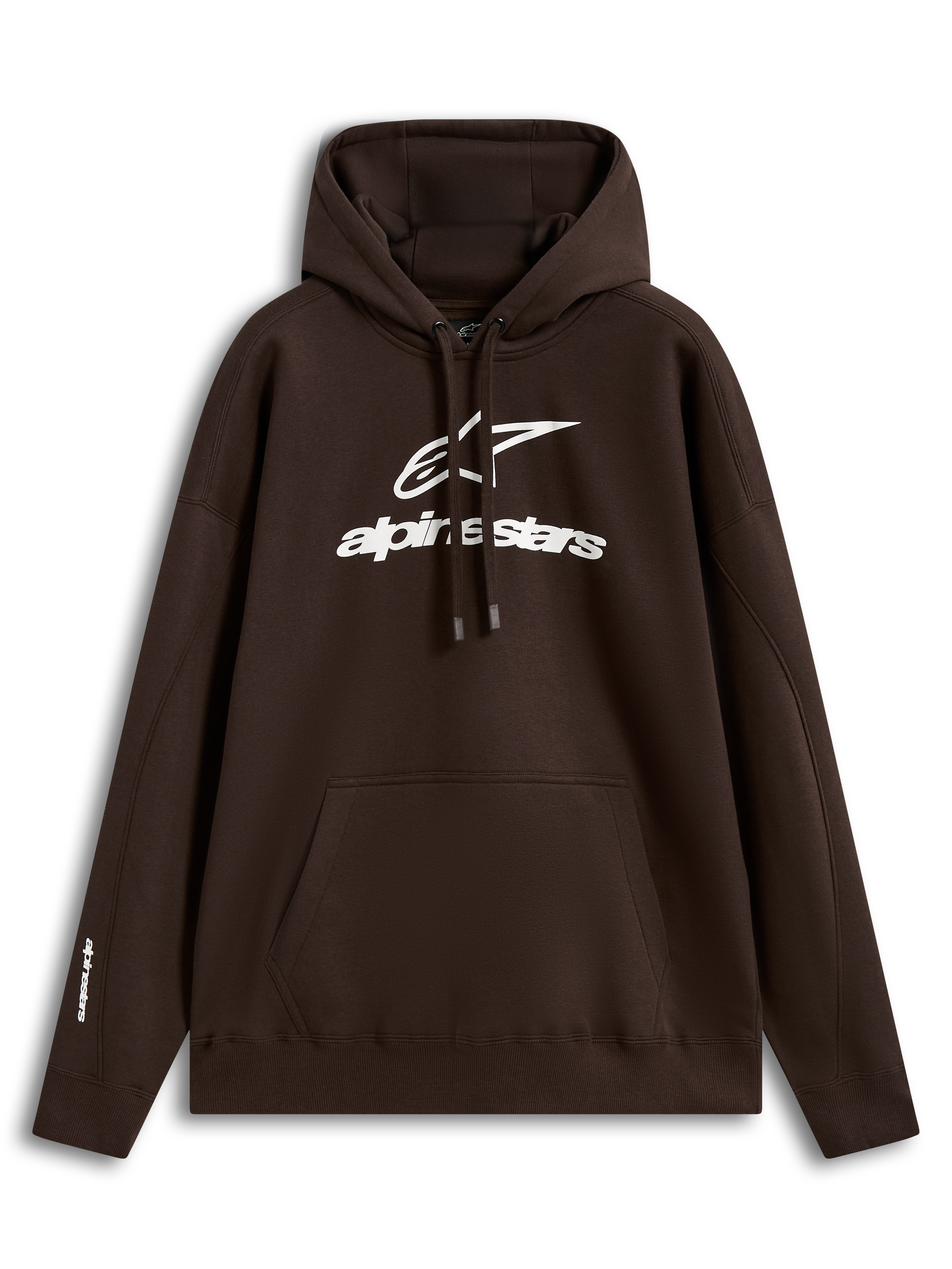 Alpinestars Prelude Oversized Hoodie, brun hættetrøje i fleece med hvidt puff-print logo og kængurulomme, afslappet motorsport-streetwear