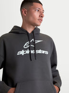 Alpinestars Prelude Oversized Hættetrøje, grå fleece-hættetrøje med hvidt puff-print logo, afslappet oversized pasform, kængurulomme og hætte med snøre, grå og hvid, sportswear til hverdagsbrug.