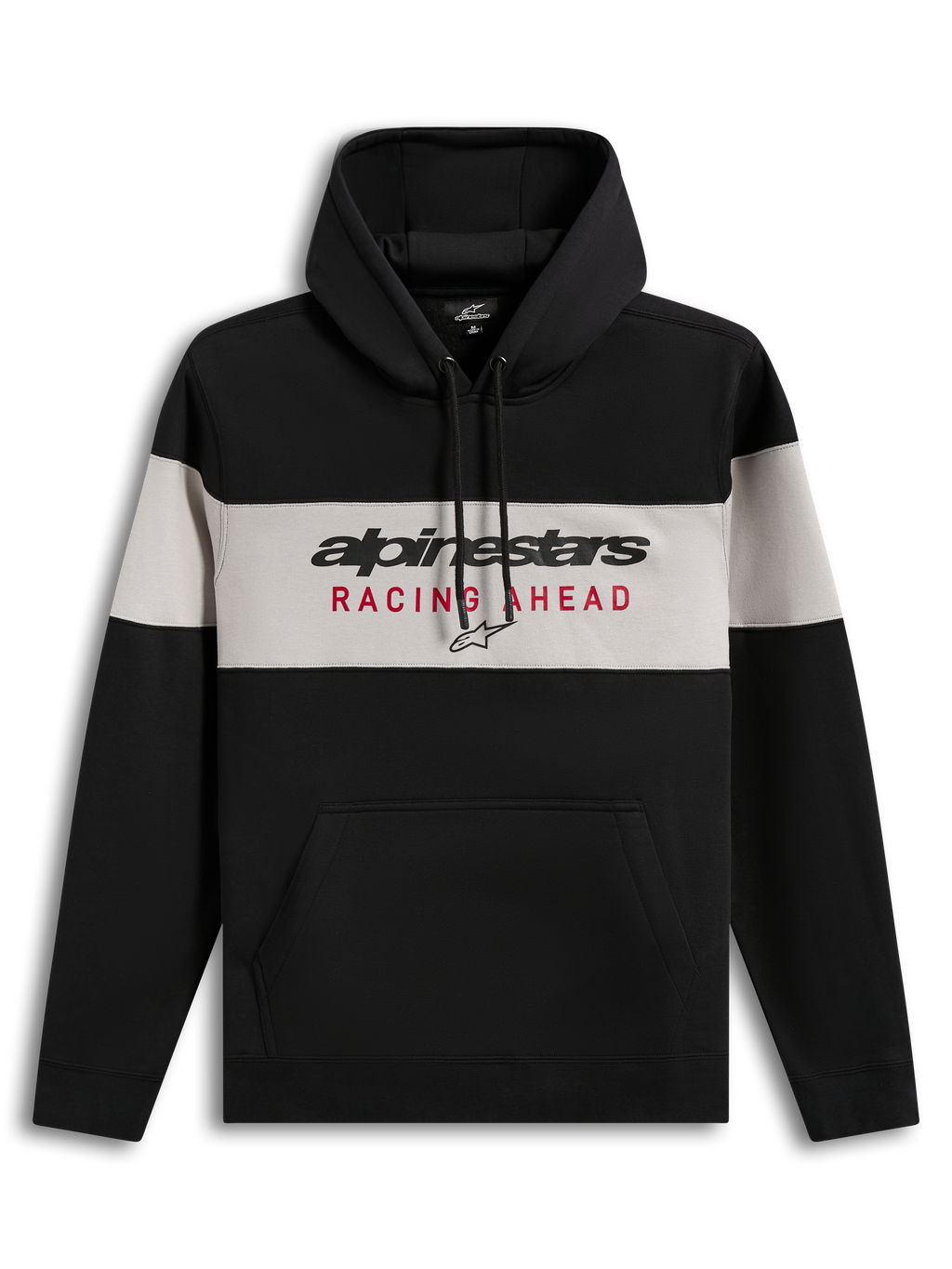 Alpinestars Cubic Hoodie, sort og grå hættetrøje i fleece med Racing Ahead-logo og kængurulomme.