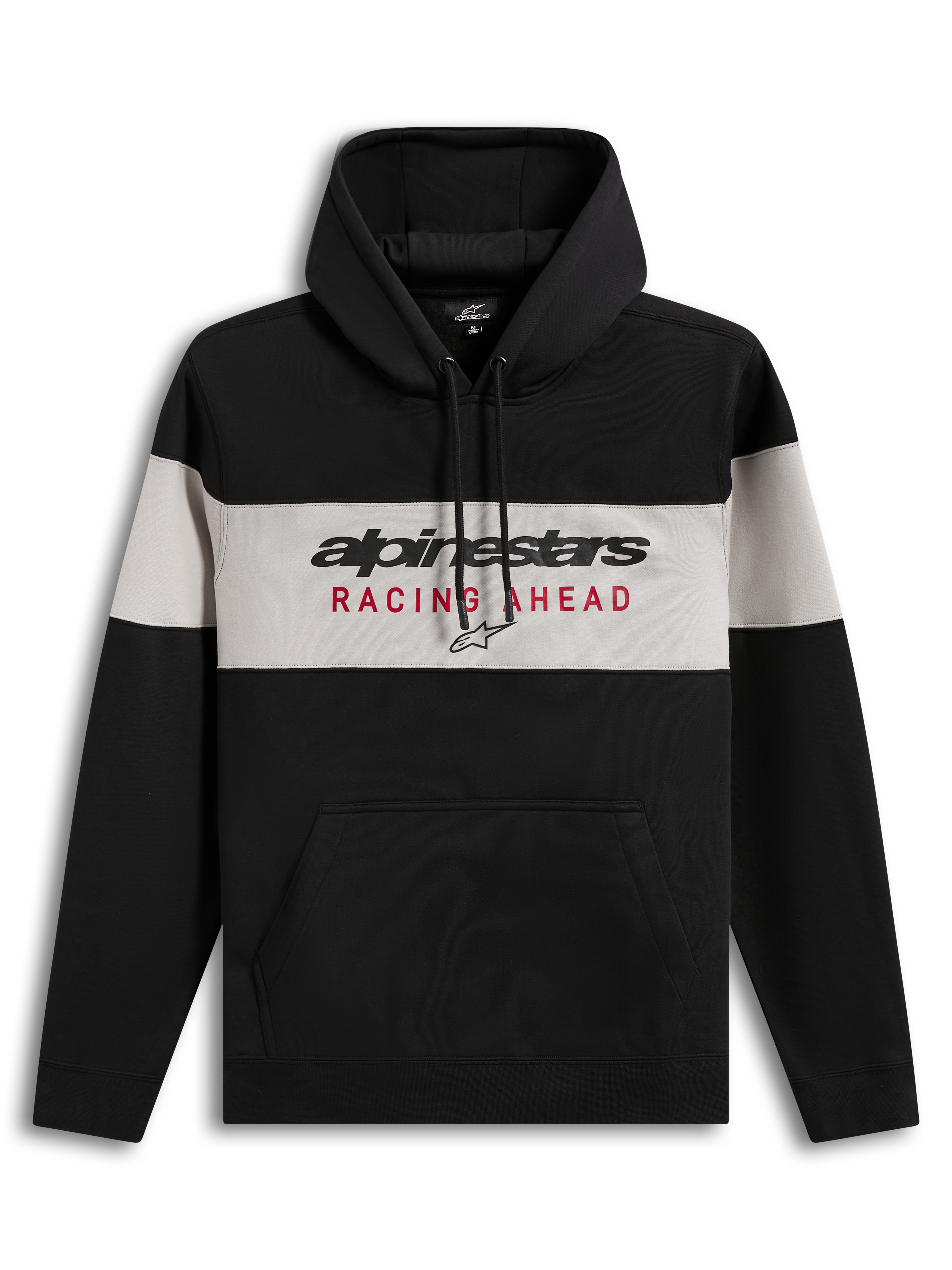 Alpinestars Cubic Hoodie, sort og grå hættetrøje i fleece med Racing Ahead-logo og kængurulomme.