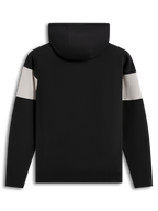 Alpinestars Cubic Hoodie, hættetrøje i fleece, sort og grå med farveblokering, set bagfra, premium sportstøj