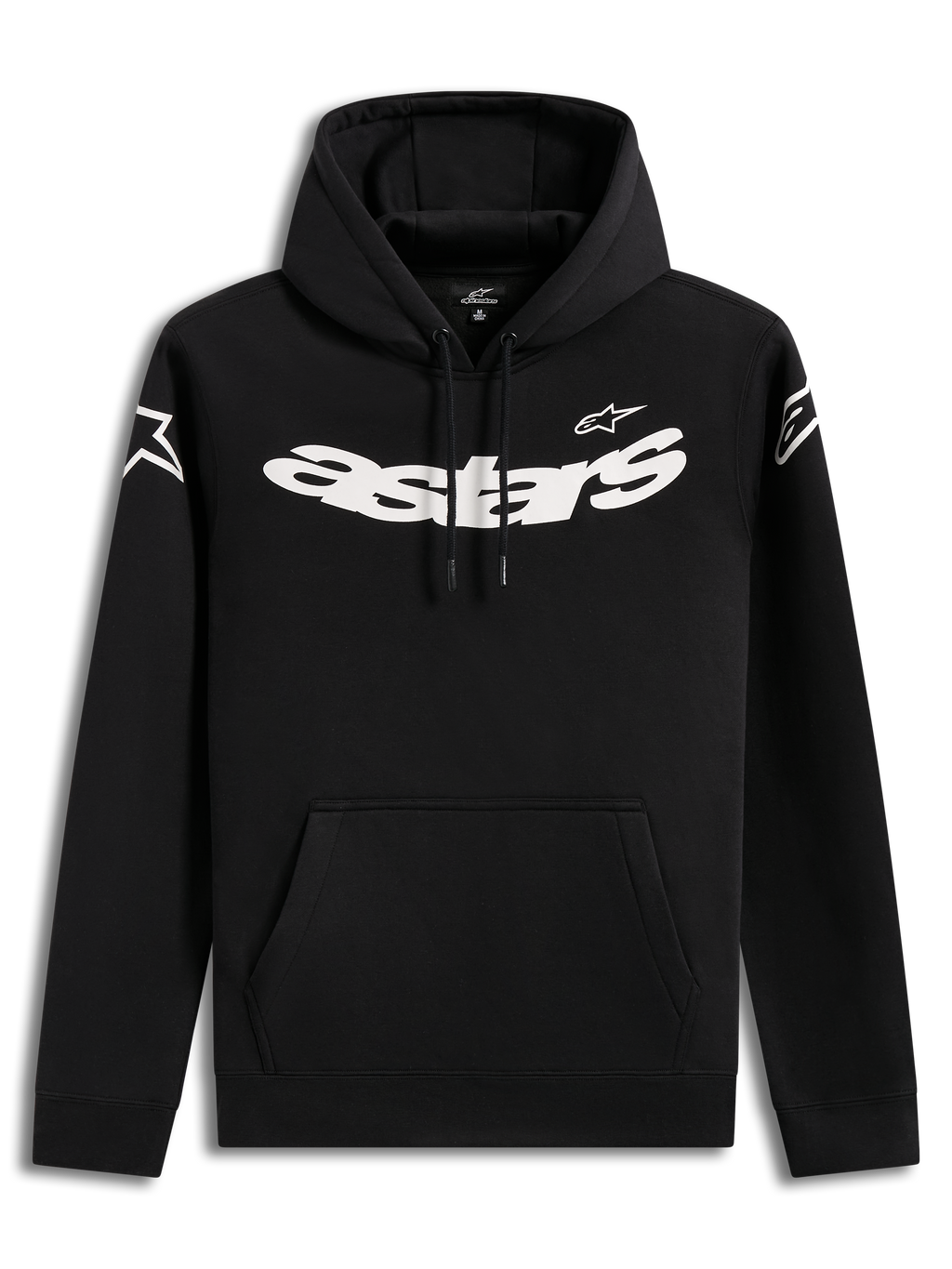 Alpinestars Velocifier hoodie, sort afslappet hættetrøje med markant hvid brystgrafik og kængurulomme.