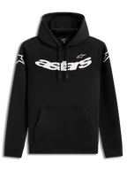 Alpinestars Velocifier hoodie, sort afslappet hættetrøje med markant hvid brystgrafik og kængurulomme.
