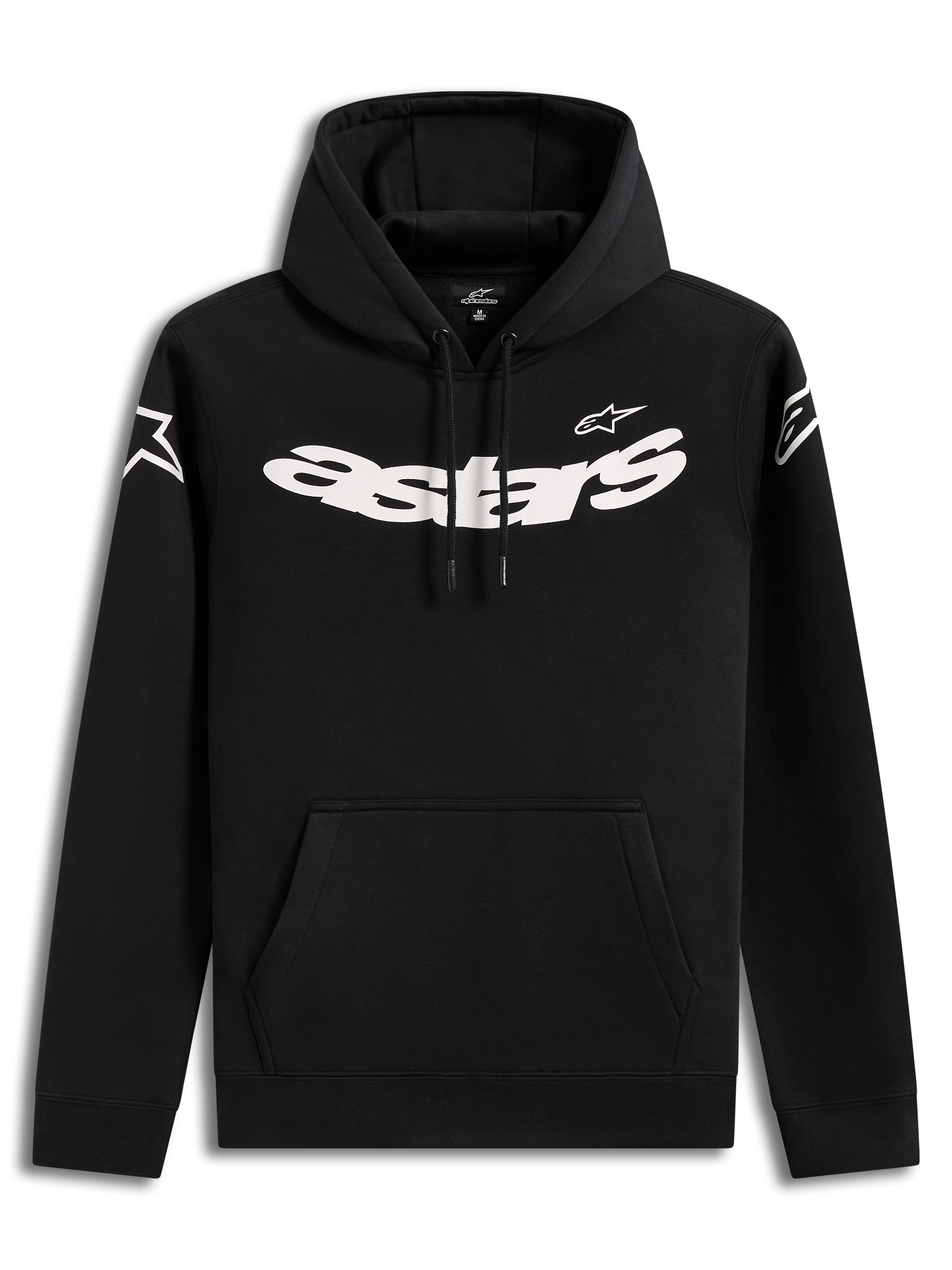 Alpinestars Velocifier hoodie, sort afslappet hættetrøje med markant hvid brystgrafik og kængurulomme.