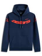 Alpinestars Velocifier Hoodie, navy blue and red sportswear fleece with curved branding and shoulder logos.