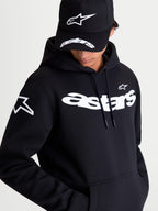 Alpinestars Velocifier hættetrøje, premium sportswear pullover i fleece, sort og hvid, med markant hvid Astars-tekst på brystet og logo på skulderen, afslappet hverdagstøj til motorsportsentusiaster.