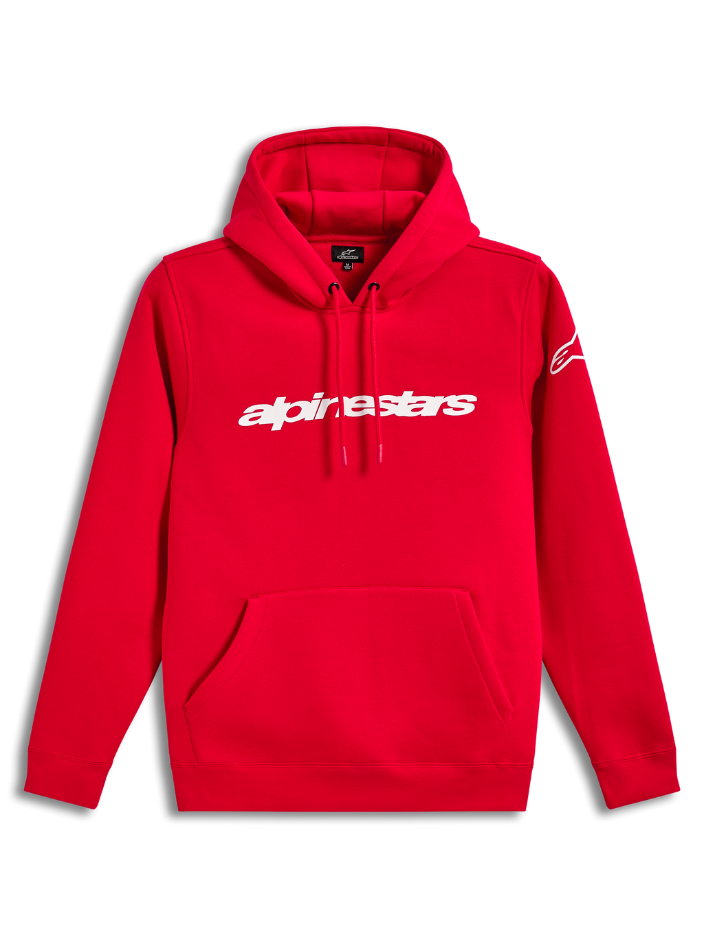 Alpinestars Race Wordmark Hoodie, rød hættetrøje i fleece med hvidt lineært brystlogo, hætte med snoretræk og kængurulomme, afslappet motorsport-streetwear