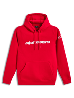 Alpinestars Race Wordmark Hoodie, rød hættetrøje i fleece med hvidt lineært brystlogo, hætte med snoretræk og kængurulomme, afslappet motorsport-streetwear