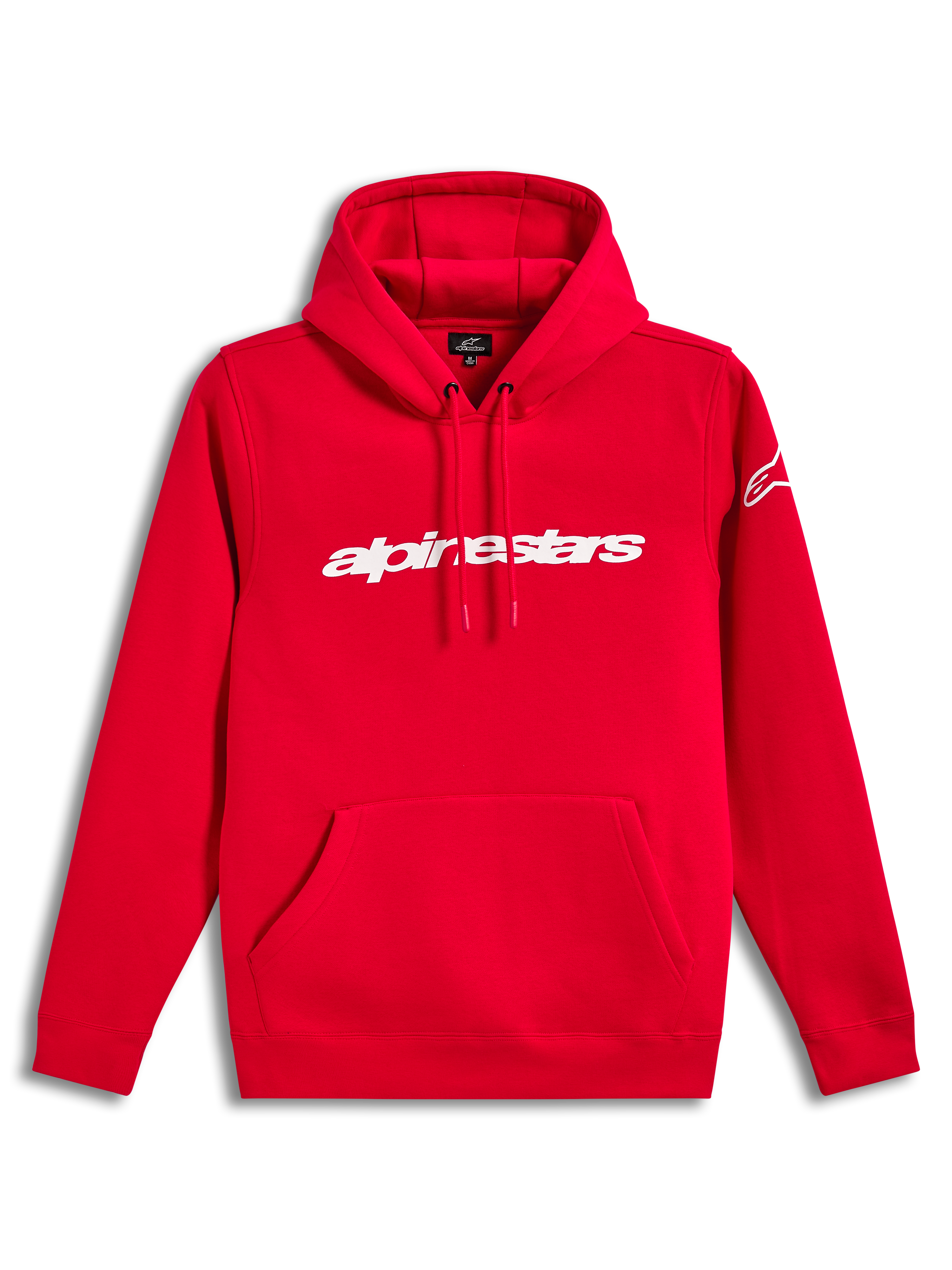 Alpinestars Race Wordmark Hoodie, rød hættetrøje i fleece med hvidt lineært brystlogo, hætte med snoretræk og kængurulomme, afslappet motorsport-streetwear