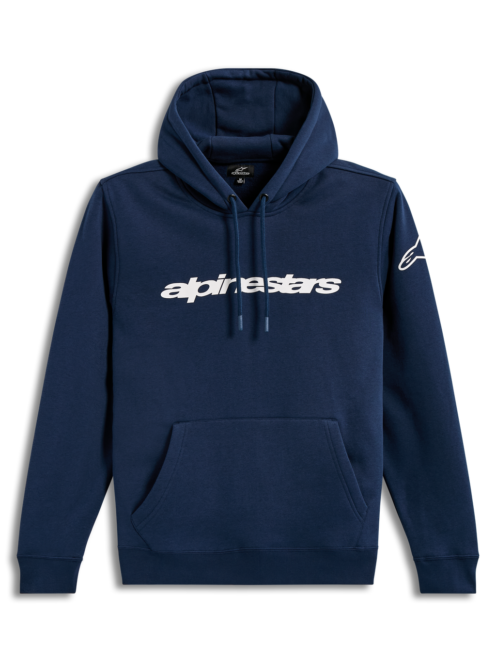 Alpinestars Race Wordmark hættetrøje, mørkeblå og hvid fleece med logo på bryst og ærme, afslappet motorsportstøj.