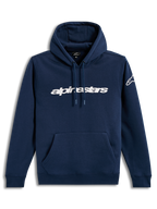 Alpinestars Race Wordmark hættetrøje, mørkeblå og hvid fleece med logo på bryst og ærme, afslappet motorsportstøj.