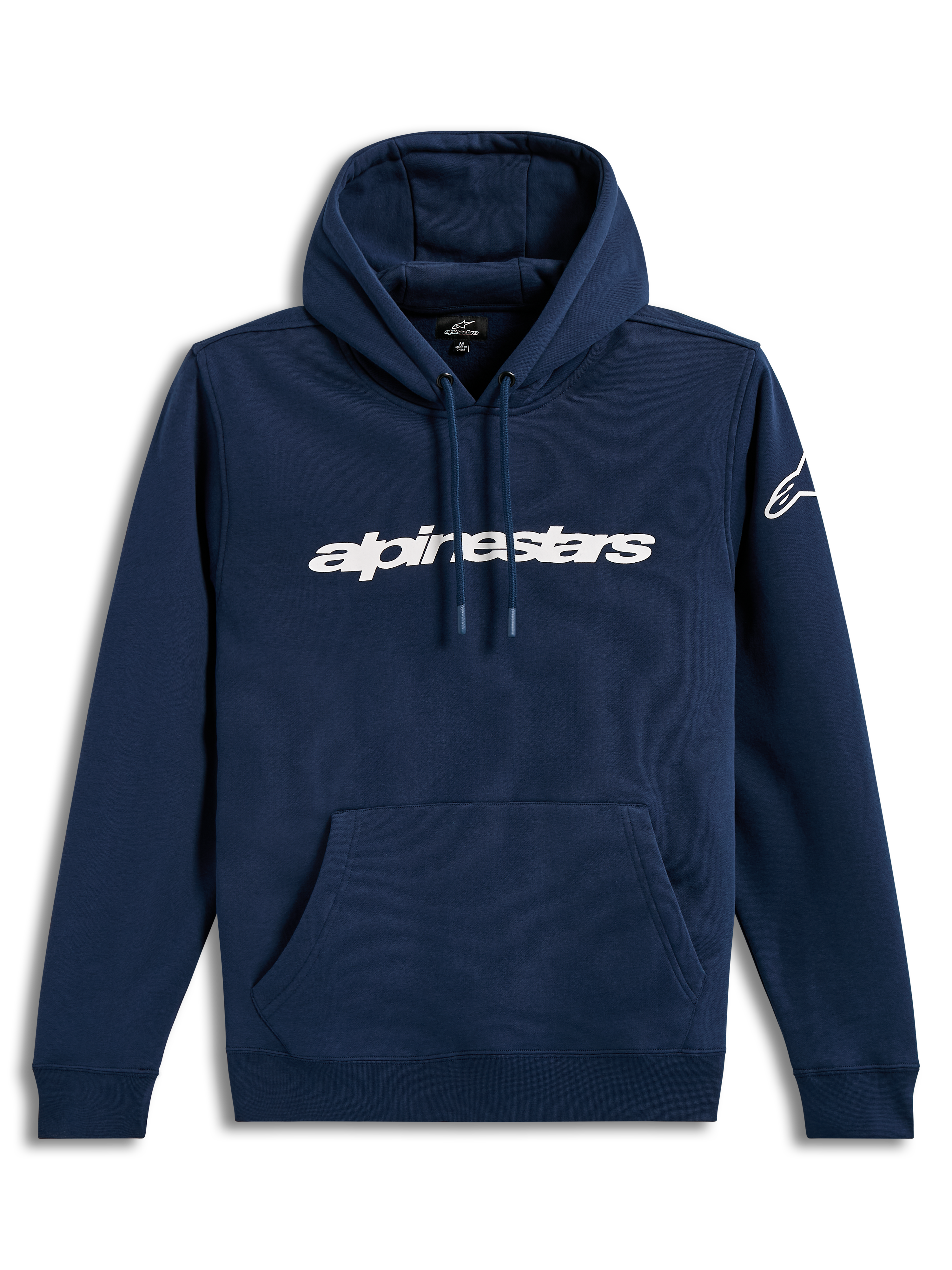 Alpinestars Race Wordmark hættetrøje, mørkeblå og hvid fleece med logo på bryst og ærme, afslappet motorsportstøj.
